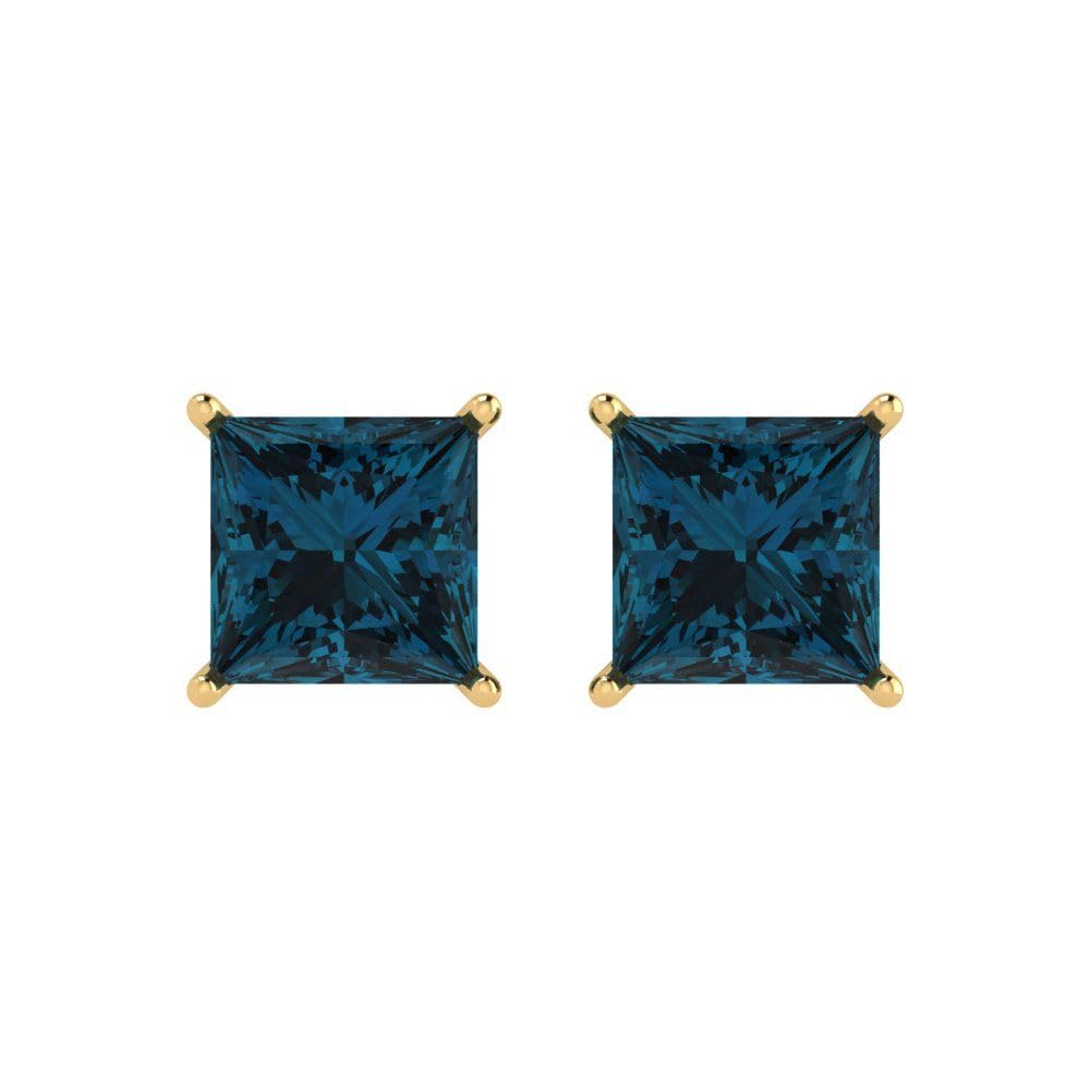 3.0 Carat Princess Cut Natural London Blue Topaz Stud Earrings in 14K Yellow Gold | Conflict-Free Solitaire | Designer Push Back Earrings for Women | Perfect for Weddings, Parties & Everyday Wear