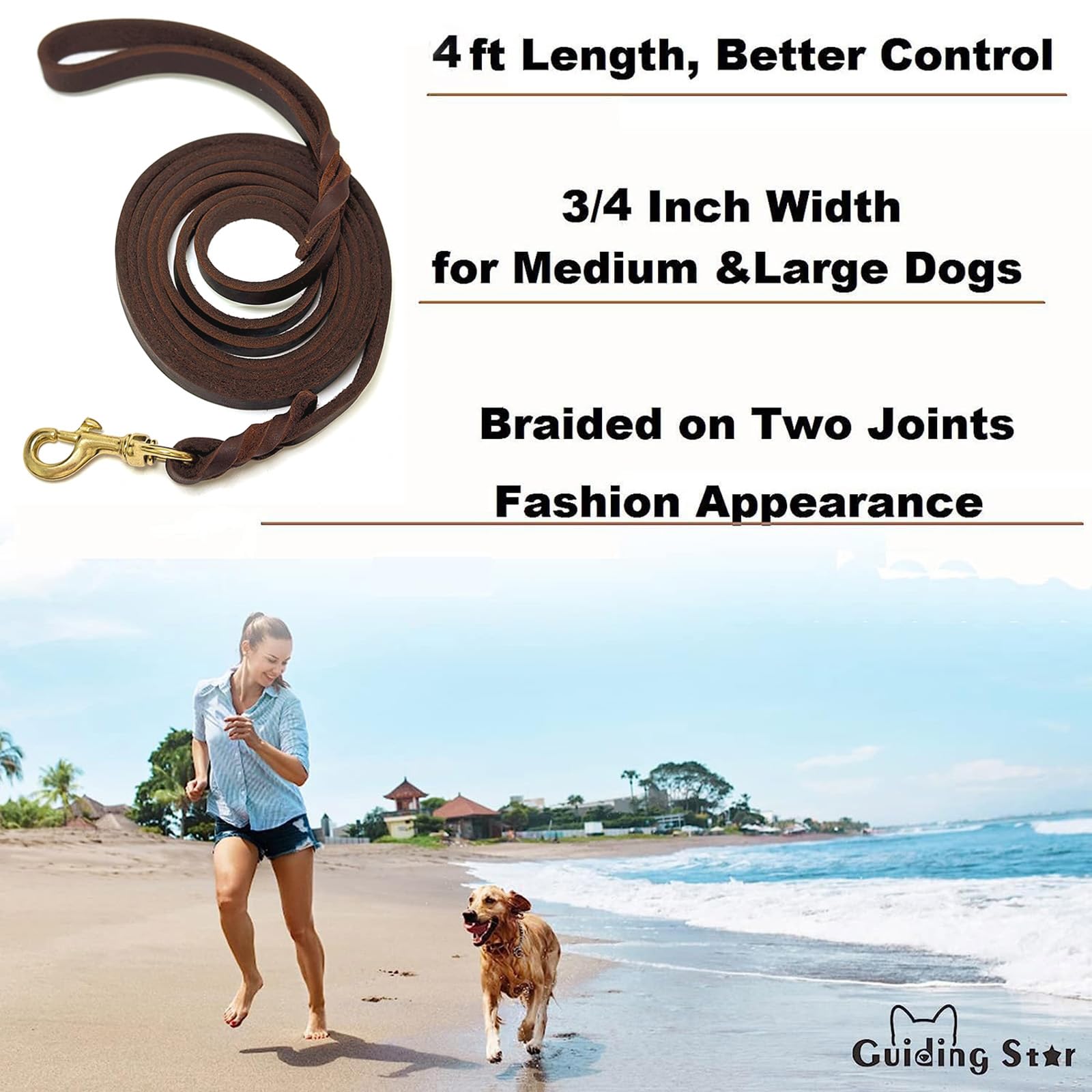 Premium 4ft Heavy Duty Leather Dog Leash for Large Dogs - Soft Braided Handmade Training Leash (4ft x 3/4inch, Brown) | Durable Walking & Outdoor Adventure Leash for Medium & Large Breed Dogs