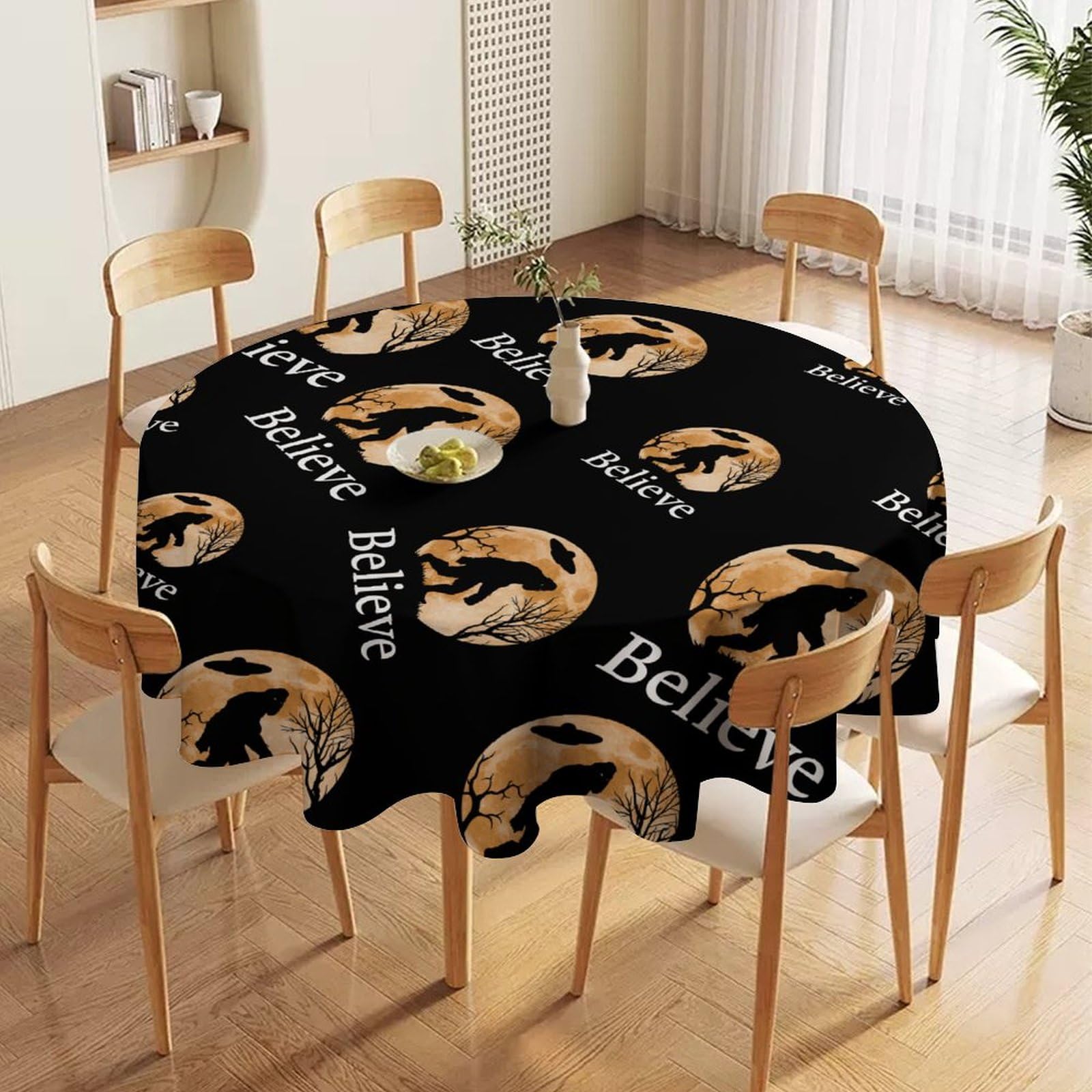 Bigfoot Believe Round Washable Tablecloth 50x50 Inch - Decorative Dining Table Cover for Wedding, Party & Everyday Use | Waterproof & Stain Resistant Fabric for Indoor/Outdoor Gatherings