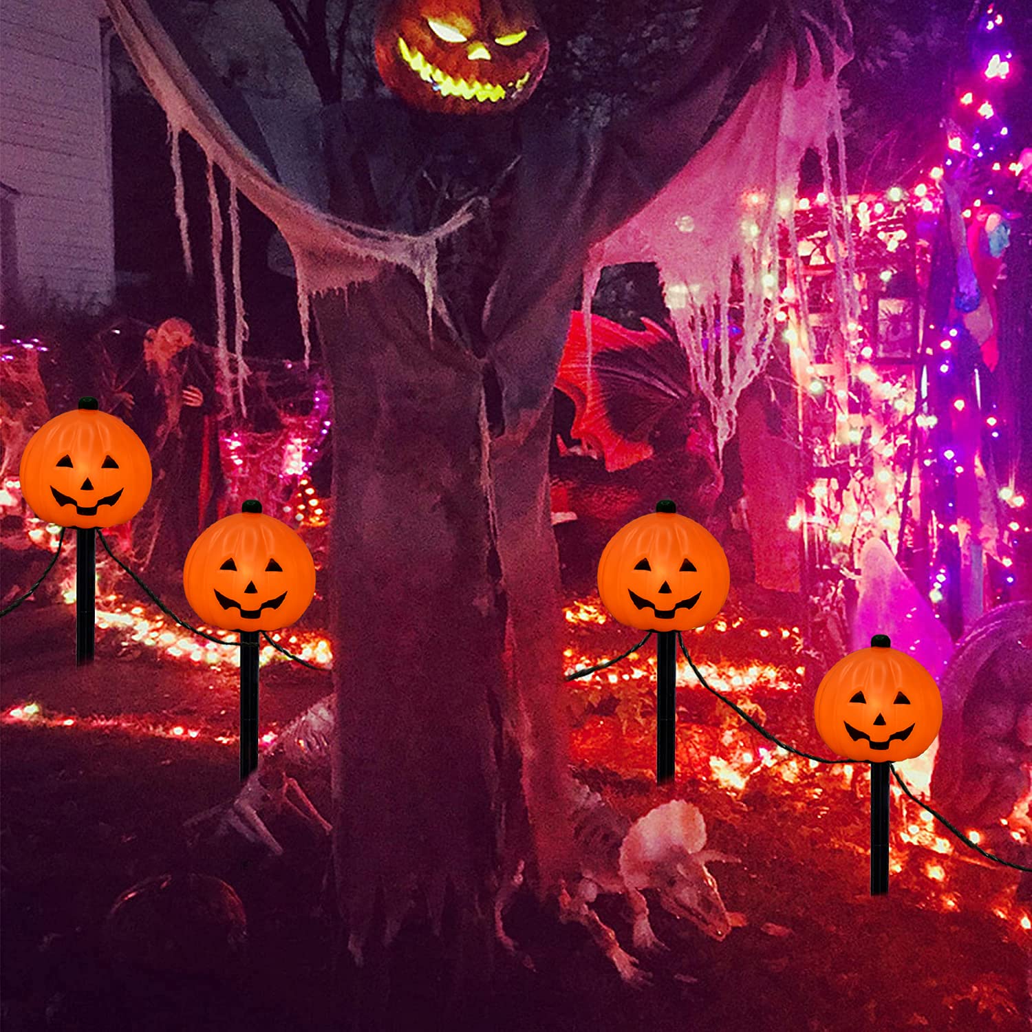 Halloween Pumpkin Pathway Stake Lights - 7 Ft Outdoor String Lights with 4 C7 Bulbs for Driveway, Garden & Walkway Decor | Waterproof Halloween Party Lighting for Yard, Porch & Holiday Decorations