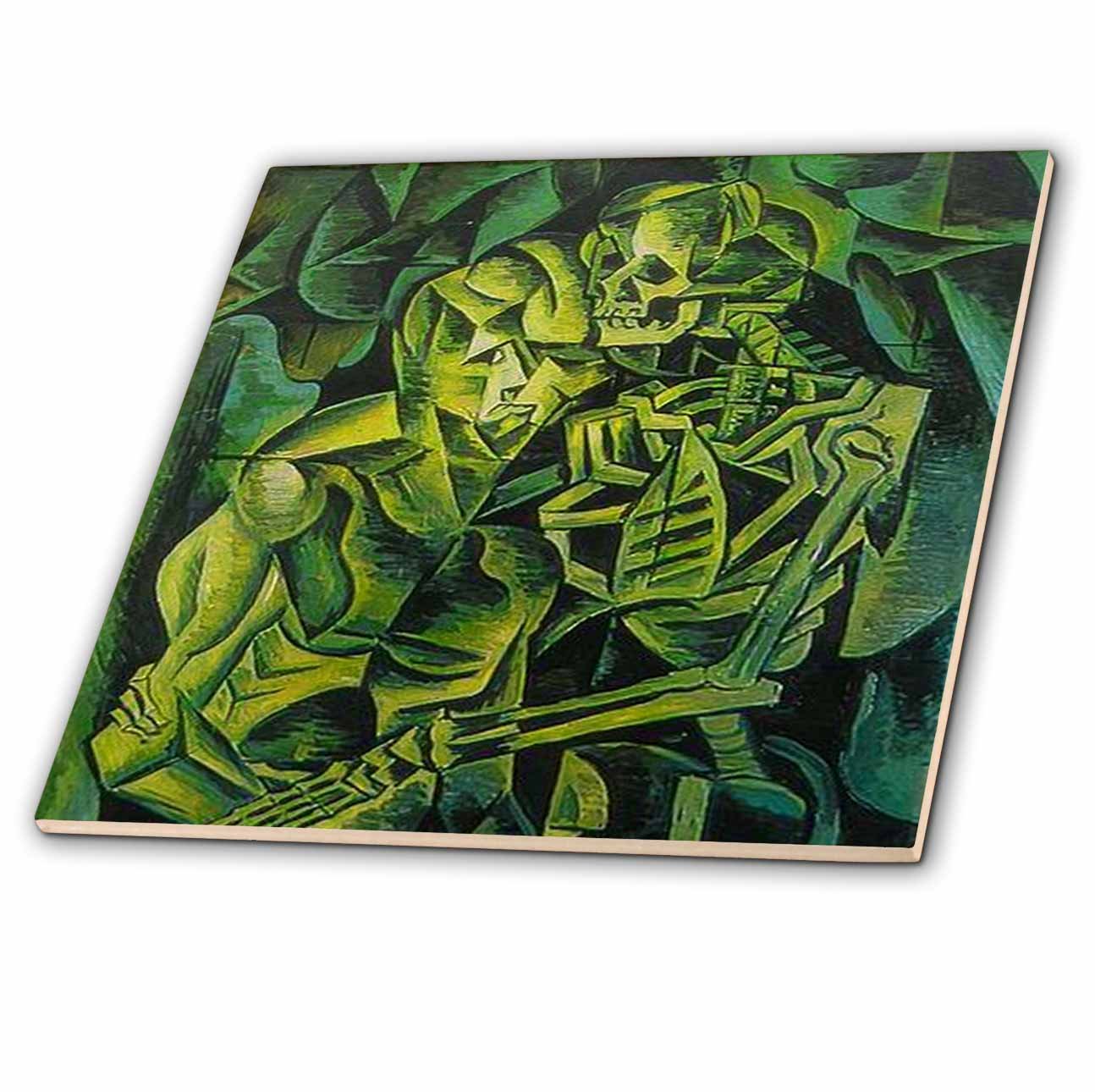 3dRose Cubism Halloween Ceramic Tile - Kiss of Death Design with Bones, Fear & Horror in Green - 12-Inch Square for Home Decor, Kitchen Backsplash & Halloween Party Decorations