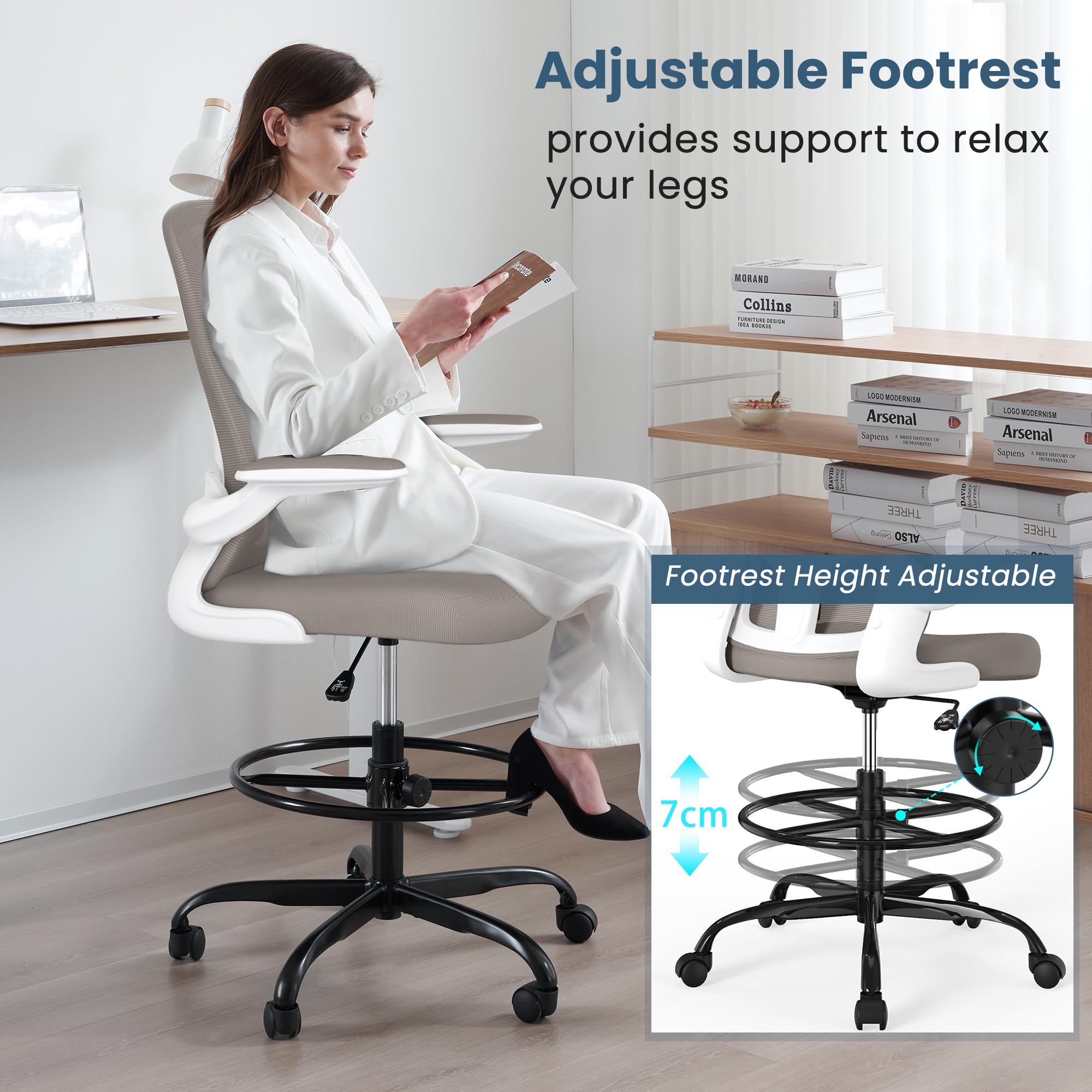 Ergonomic Drafting Chair with Flip-Up Armrests & Adjustable Footrest - Tall Office Chair for Standing Desks - Executive Computer Chair with Lumbar Support - Perfect for Architects, Designers & Home Office Workspaces