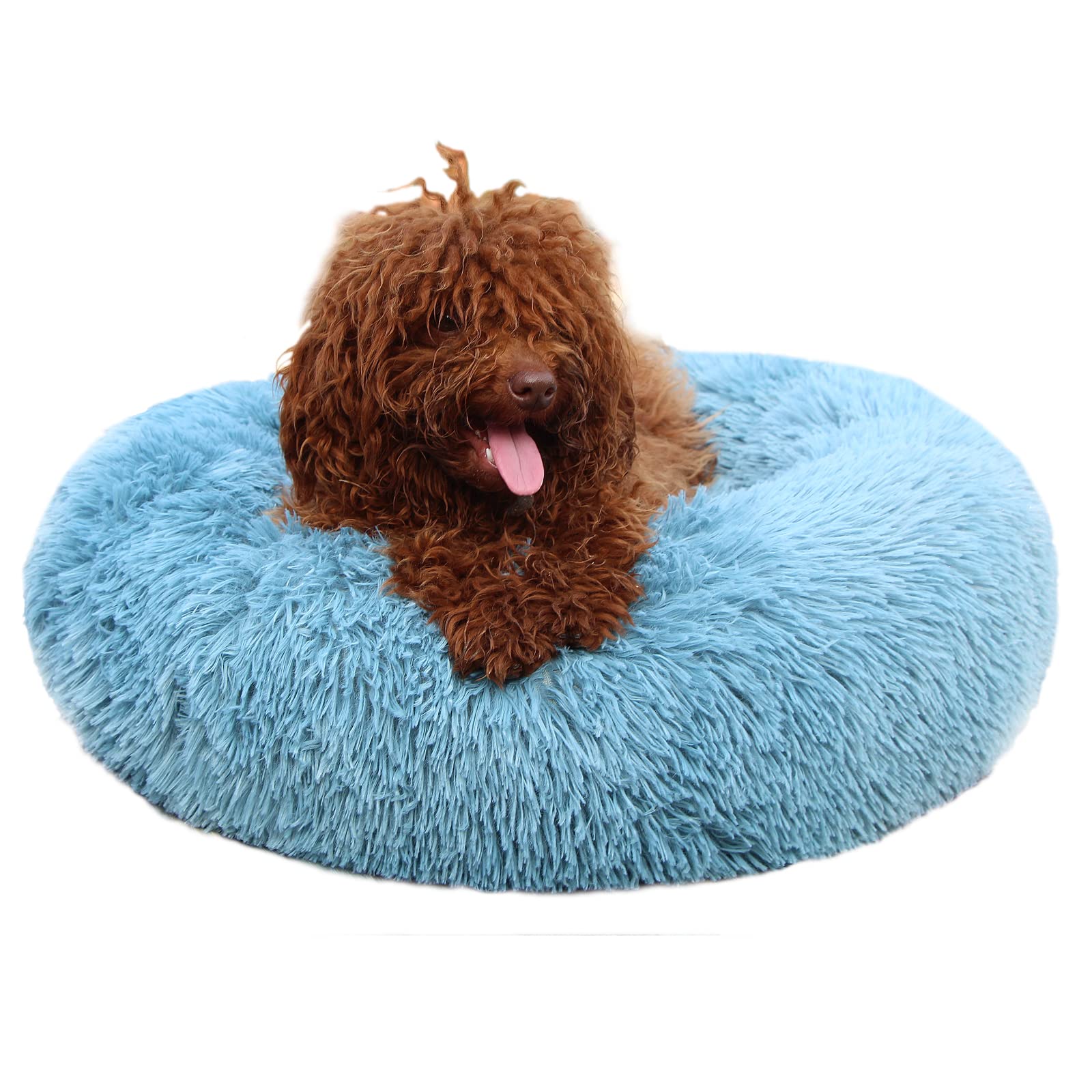 Small Dog Donut Bed - Machine Washable, Calming Blue Pet Bed for Anxious Puppies - Soft Fluffy Faux Fur Cuddler for Small Dogs & Pets - Perfect for Crate Training, Anxiety Relief & Cozy Napping