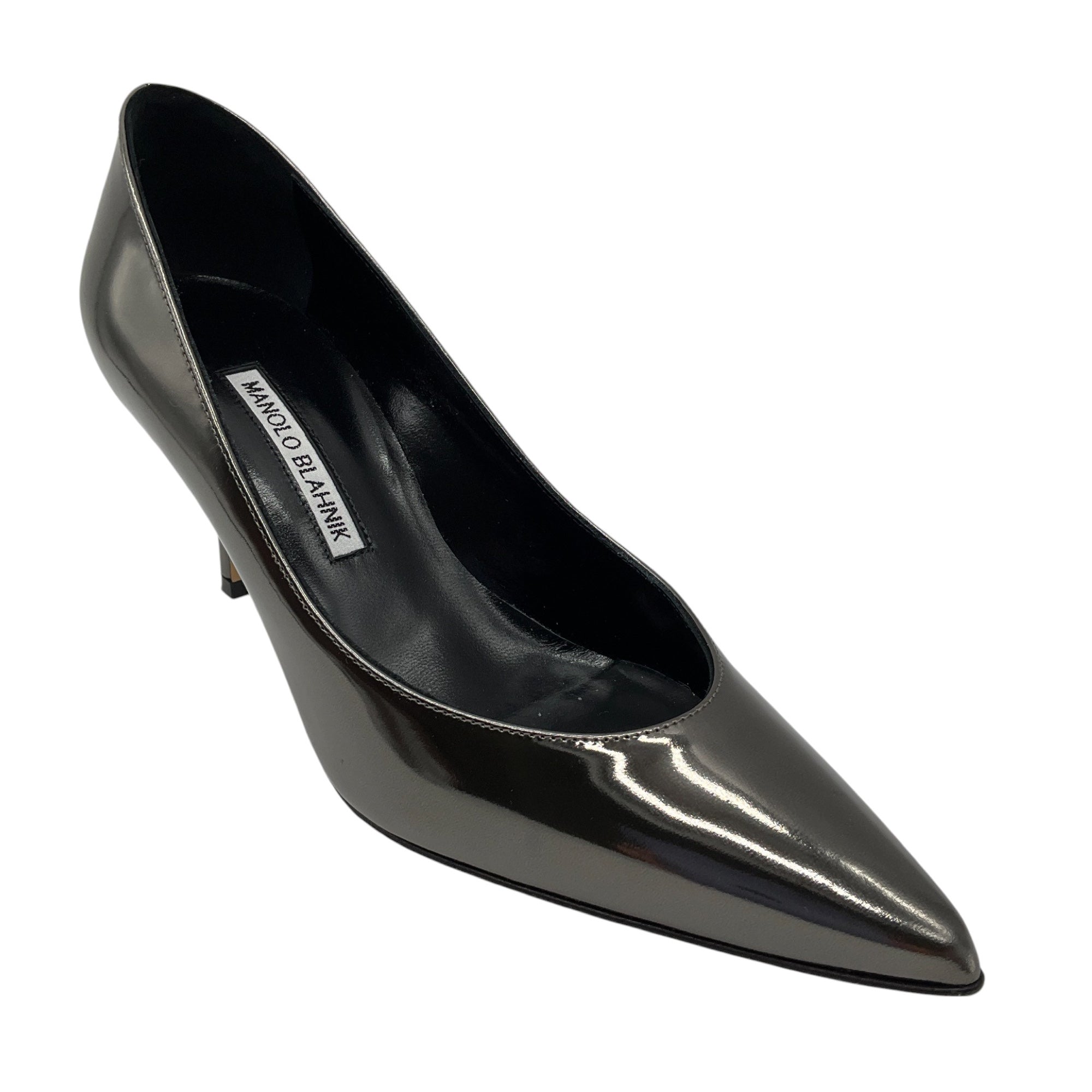 Manolo Blahnik Gunmetal Anthracite Pointed Toe Patent Leather Pumps - Elegant High Heels for Women, Perfect for Weddings, Parties & Office Wear