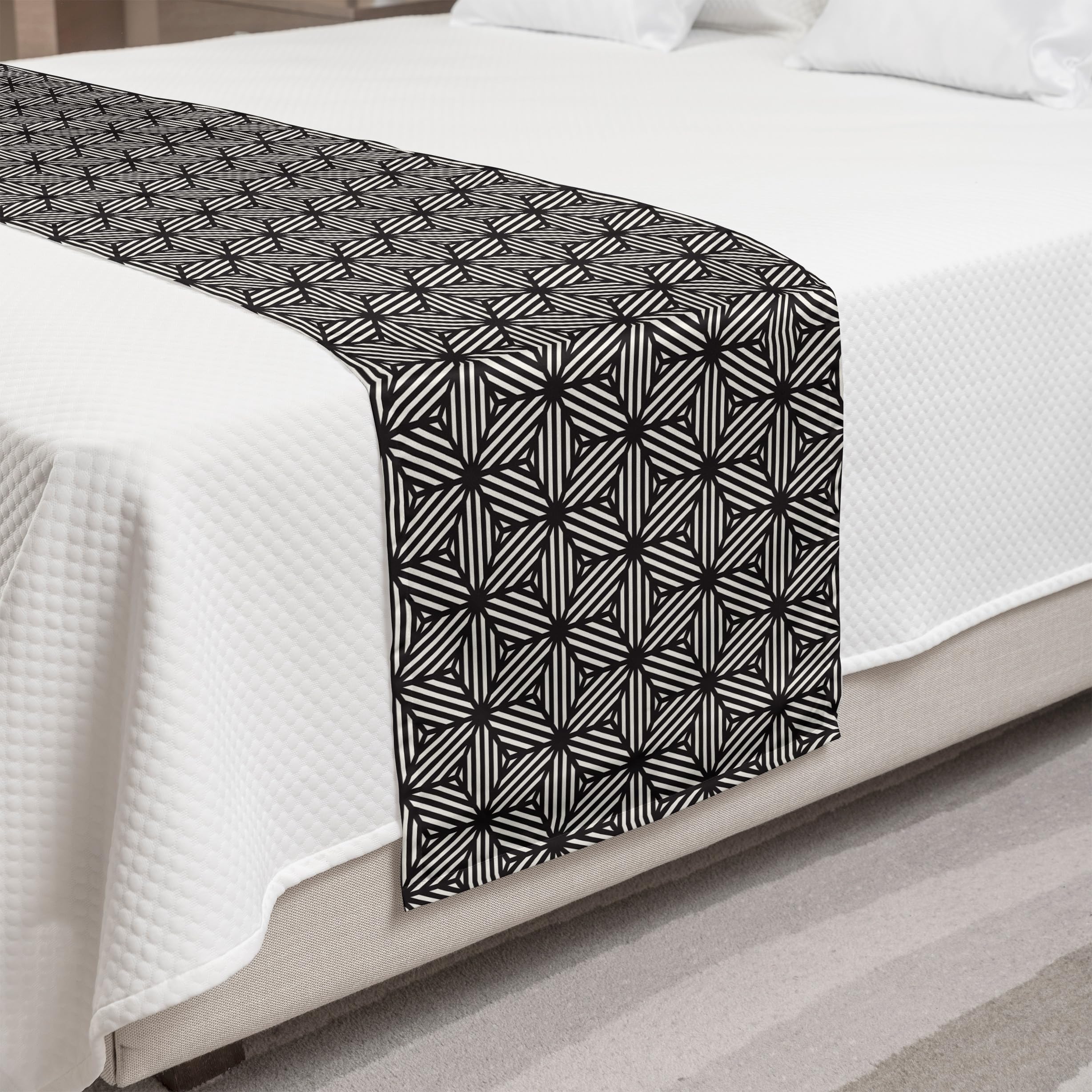 Ambesonne Geometric Bed Runner - Modern Monochrome Striped Cubes Pattern Decorative Bed Scarf | Hotel & Home Bedding Accent | Seal Brown & Eggshell | Perfect for Guest Rooms, Master Bedrooms & Airbnb Decor