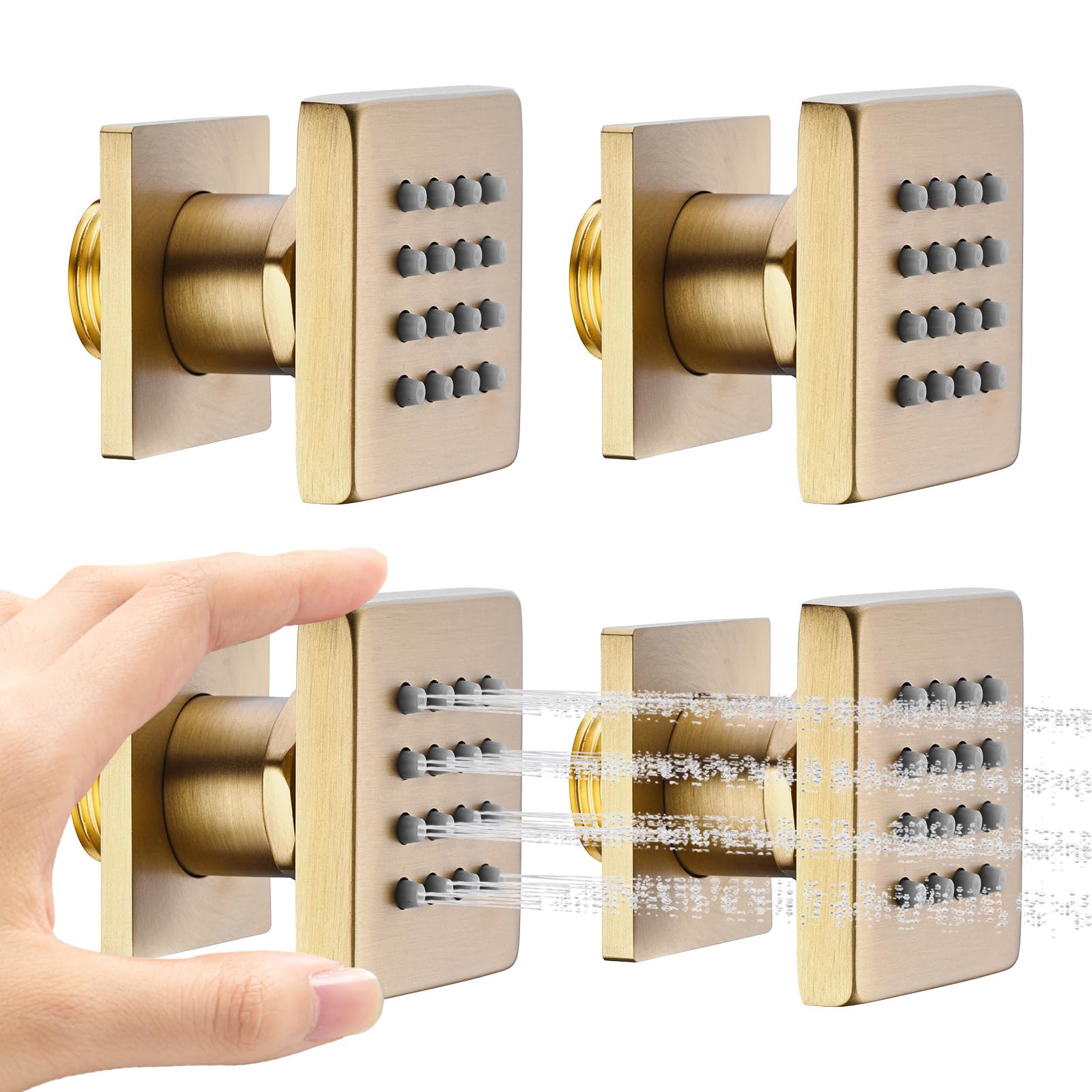 4PCS Square Shower Body Jet Spray with On/Off Flow Control - Brushed Gold Brass Head for Spa Massage - Perfect for Bathroom Renovation & Luxury Shower Experience