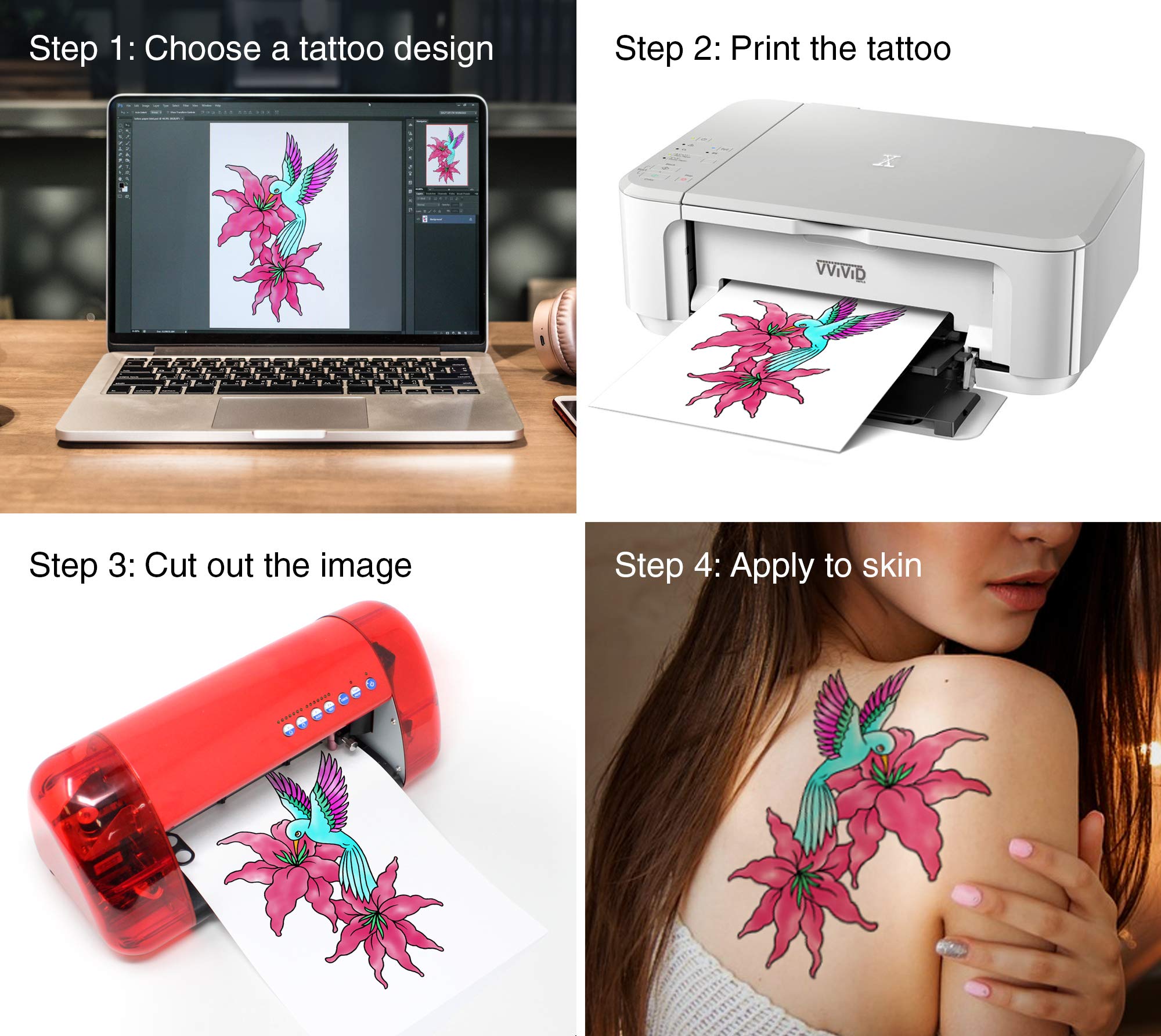 VViViD A4 Size Quick Apply Custom Inkjet Temporary Tattoo Paper - 2 Sheets Pack for DIY Body Art, Costume Parties & Events