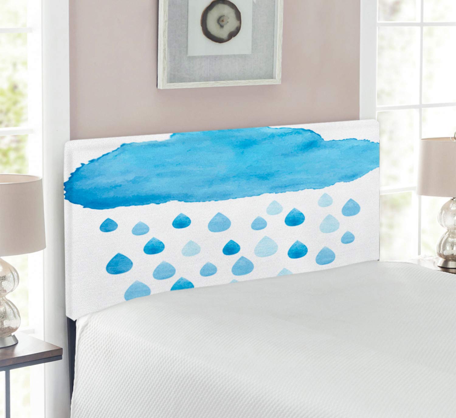 Ambesonne Watercolor Rain Drops & Clouds Headboard - Twin Size Upholstered Metal Bed Frame with Memory Foam in Blue & White | Nature-Inspired Bedroom Decor for Modern & Bohemian Style Homes