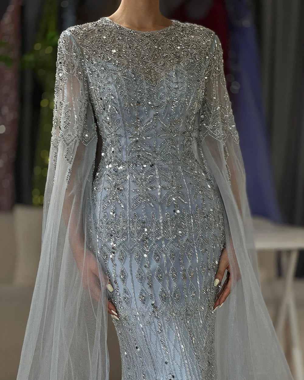 Luxury Dubai Saudi Arabia Caramel Mermaid Evening Gown with Elegant Cape Sleeves & Beaded Details - Formal Dresses for Weddings, Galas & Special Occasions
