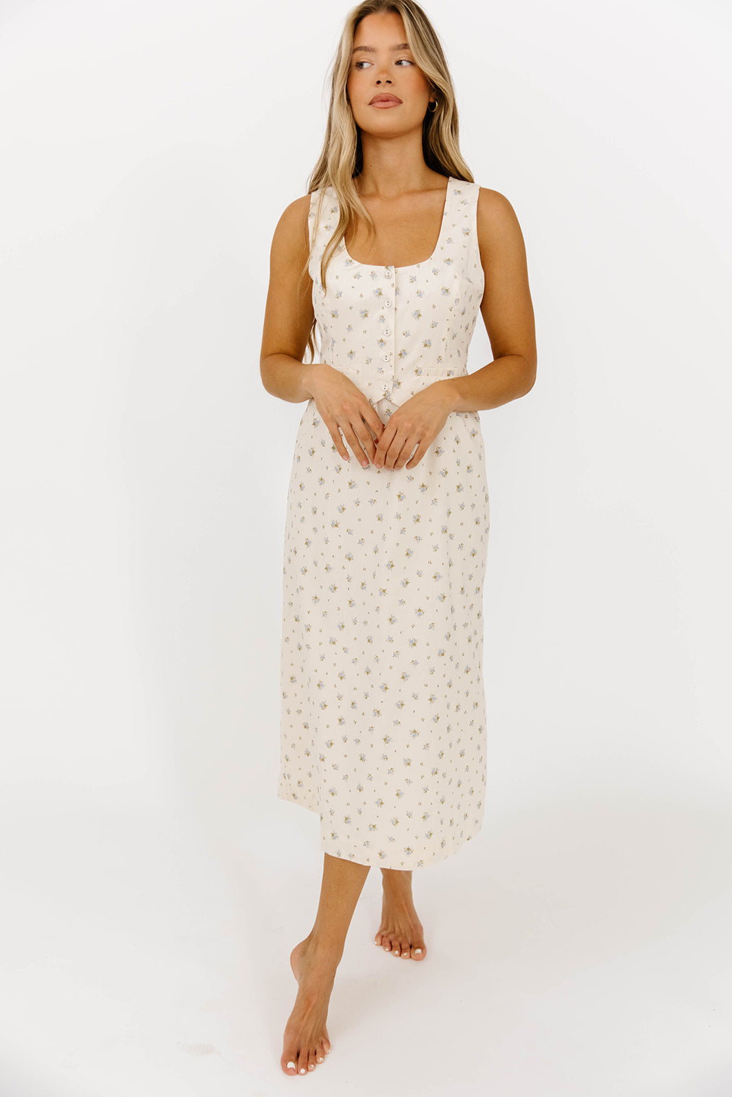 Blue Floral Florence Vest Detail Midi Dress - Elegant Women's Summer Dress for Weddings, Parties & Casual Outings