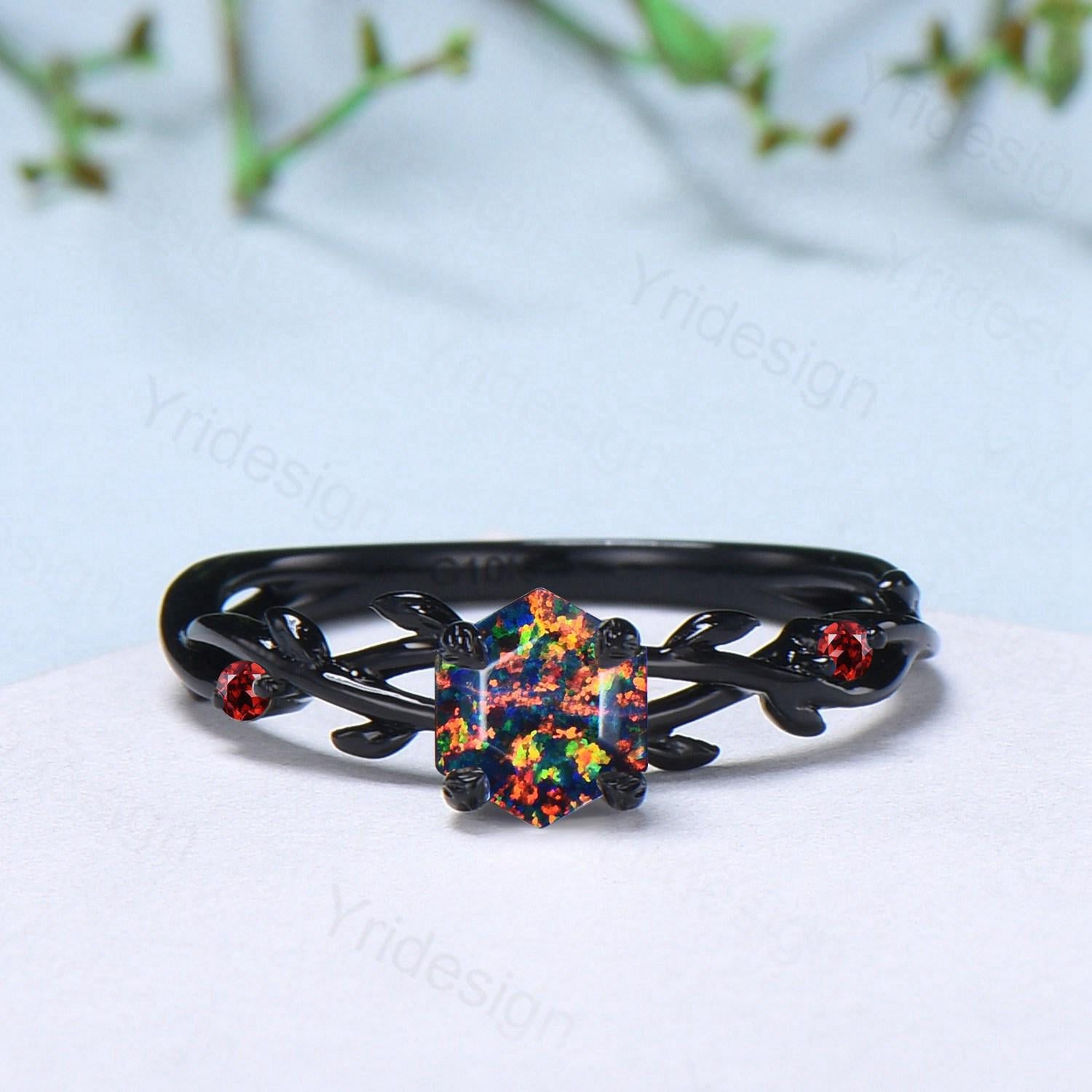 Black Gold Fire Opal Promise Ring - Nature Inspired Leaf Branch Design with Black Opal & Garnet - Gothic Engagement Ring, Wedding Band, Anniversary Gift for Her - Perfect for Boho, Vintage & Alternative Jewelry Lovers