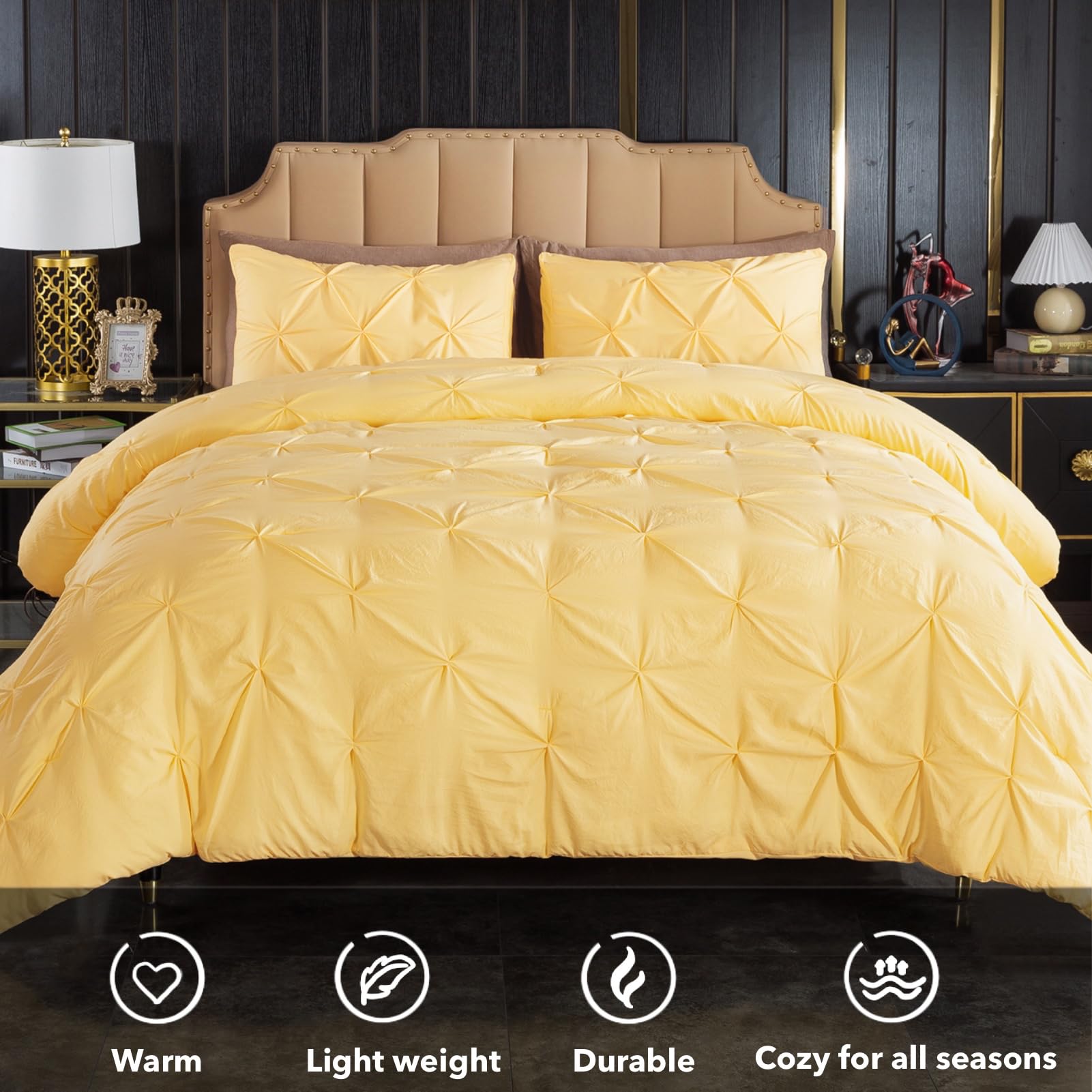 Premium Andency Yellow Pinch Pleat Comforter Set - Queen Size (90x90 Inches) 3-Piece Microfiber All-Season Down Alternative Bedding with Pintuck Design - Includes 1 Comforter & 2 Pillow Shams - Perfect for Master Bedroom, Guest Room & Cozy Home Decor
