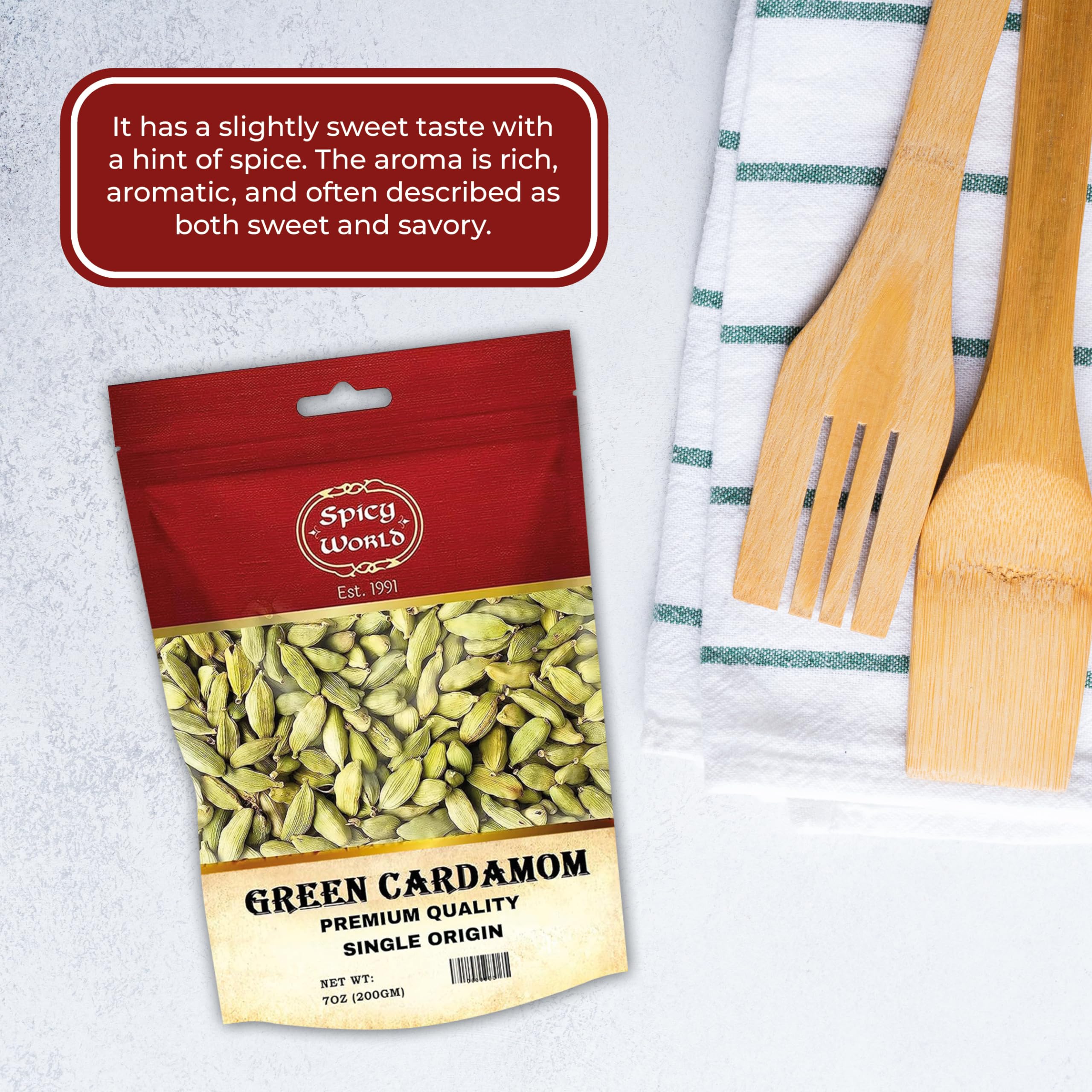 Premium Whole Green Cardamom Pods 7oz (200g) - Organic, Vegan, Aromatic Spice for Baking, Tea & Indian Cooking - Fresh Large Cardamom Seeds by Spicy World