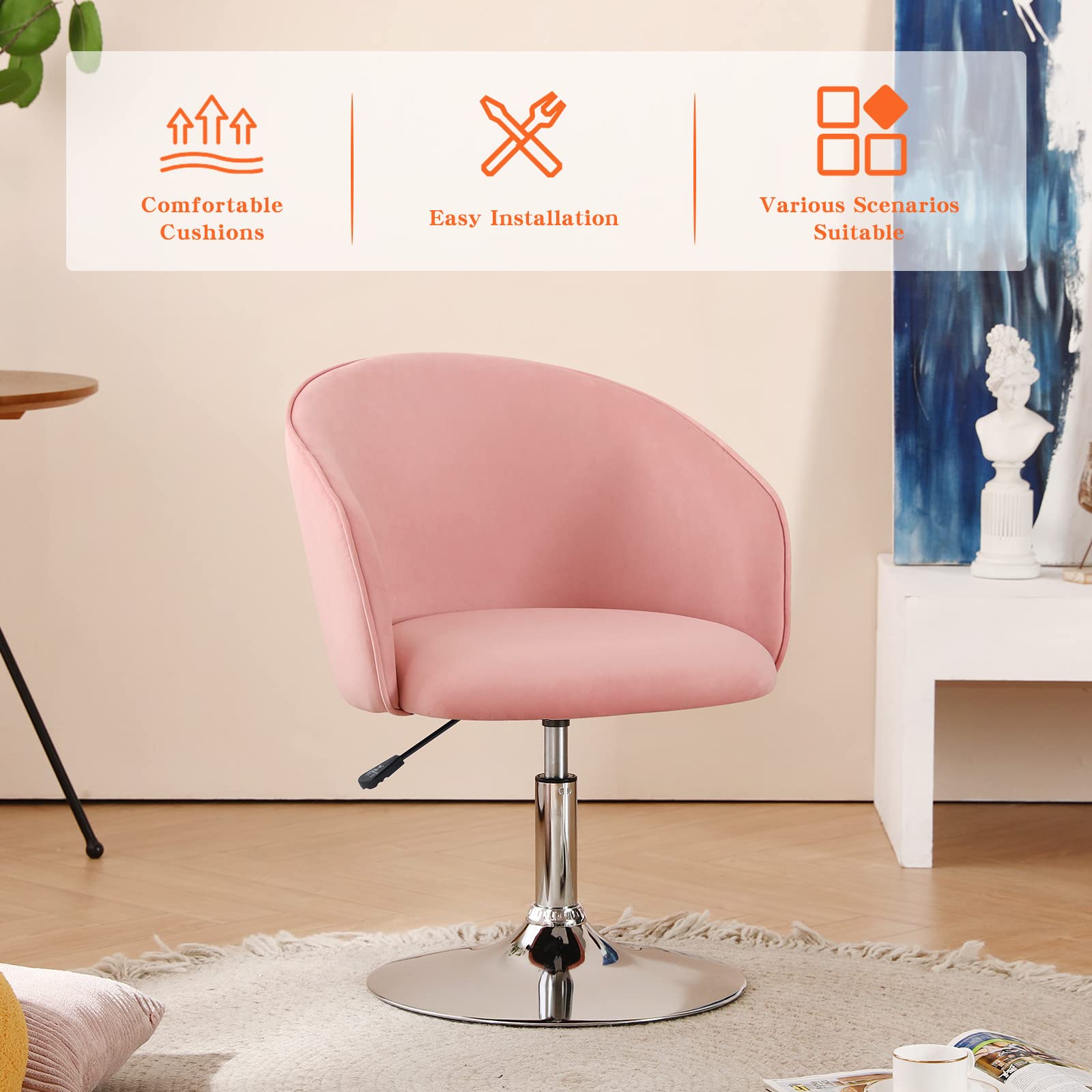 Furnimart Velvet Vanity Chair - Adjustable Height Makeup Stool with Chrome Frame, Round Swivel Accent Chair for Bedroom, Living Room & Office (Pink) - Perfect for Dressing Tables, Beauty Salons and Home Decor