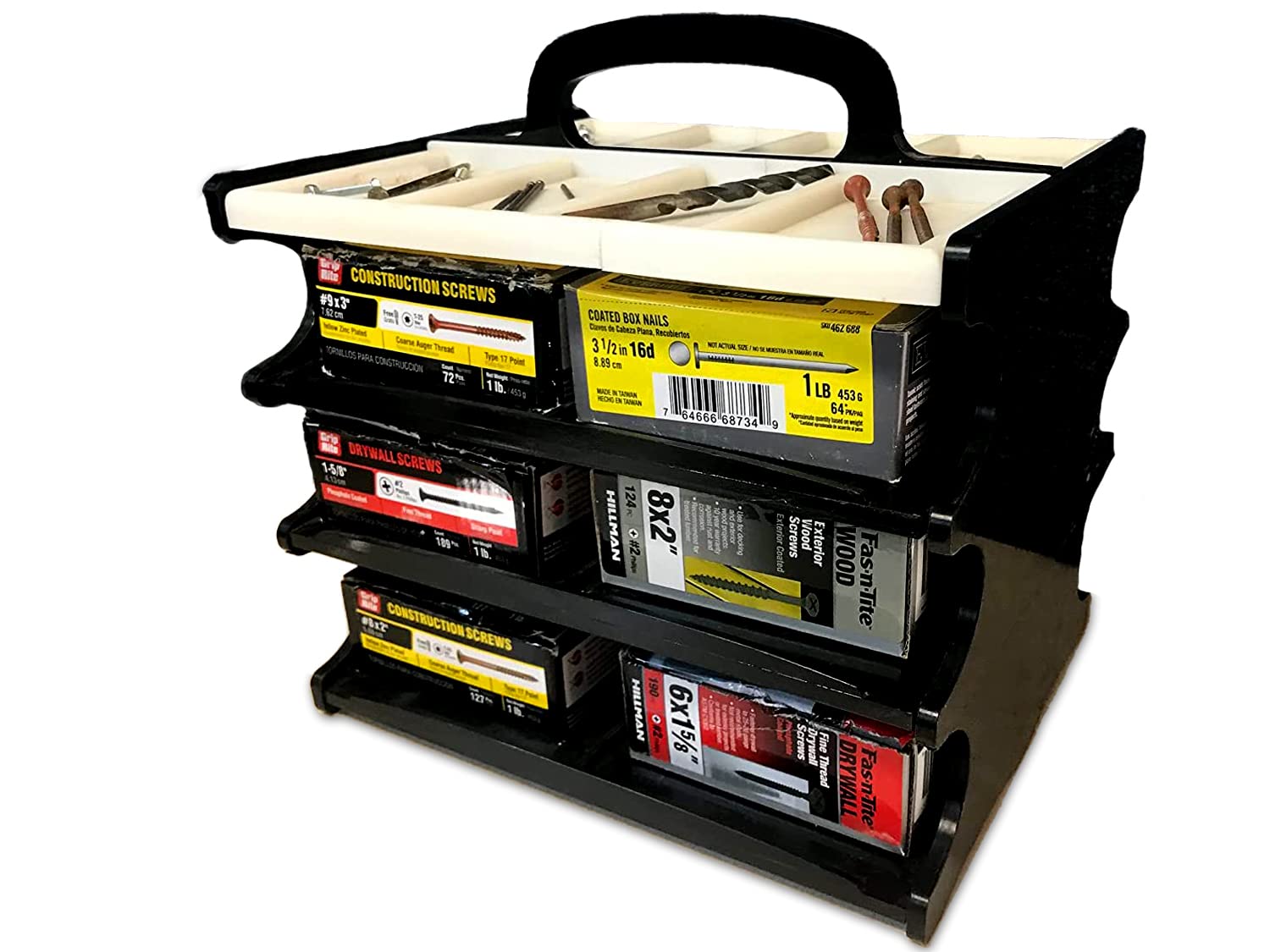 Portable Hardware Organizer with Handle - Stackable Screw and Nail Storage Caddy - Holds 12 Standard 1lb Boxes of Screws, Nails & Fasteners - Durable Workbench Organizer Bins for Garage, Workshop & DIY Projects