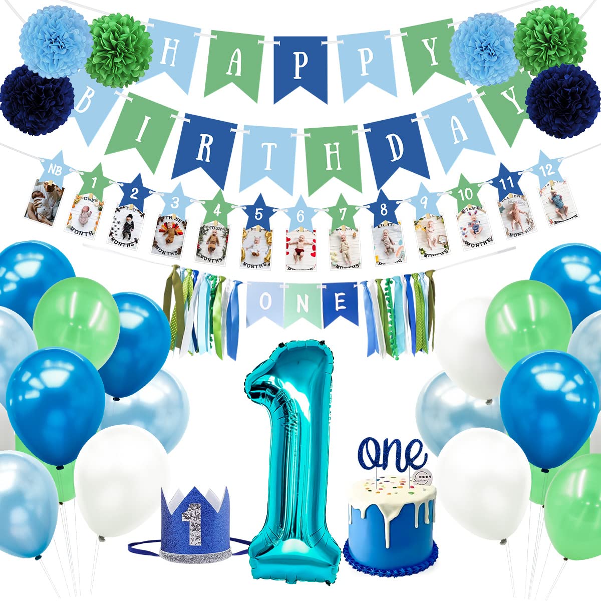 Tenshun 1st Birthday Decorations for Boys - Happy Birthday Banner, High Chair Banner & 12 Monthly Photo Banner Set | Baby Boy's First Birthday Party Supplies | Perfect for Birthday Photos, Cake Smash, and Nursery Decor