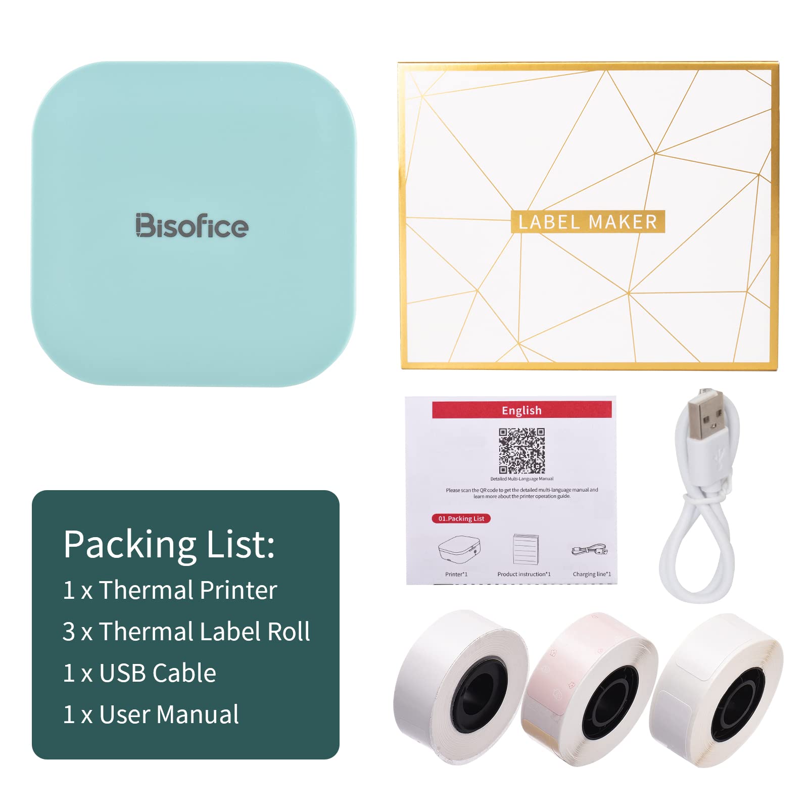 Bisofice Q30 Wireless Bluetooth Label Maker Machine with 3 Rolls Tape - Portable Label Printer for Home, Office & Organization - Compatible with iOS & Android Devices - Perfect for Crafting, Storage & File Labeling