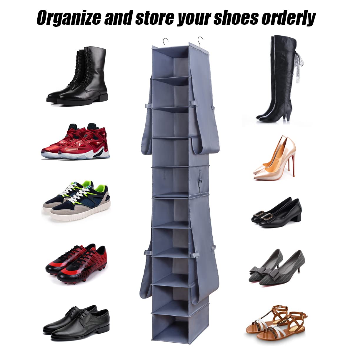 Hanging Shoe Rack Organizer - 10-Shelf 4-Pocket Boot & Shoe Storage for Closet - Space Saving Closet Organizer for Shoes, Boots & Accessories - Perfect for Bedroom, Entryway & Dorm Organization