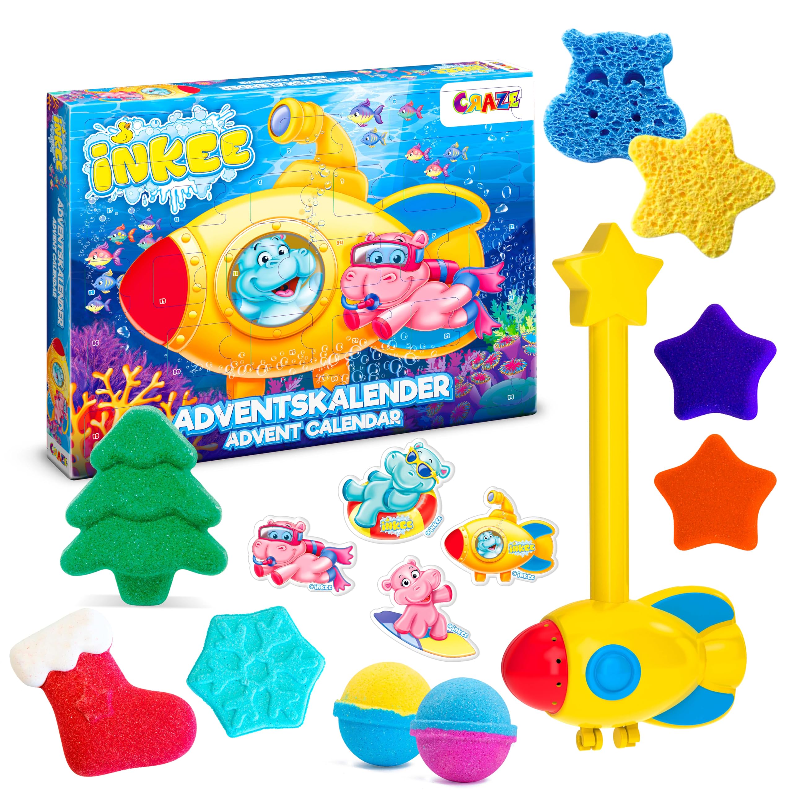 INKEE Advent Calendar with Bath Toys - Includes Aromatic Bath Bombs, Bath Salts & Fun Sponges - Perfect Christmas Gift for Kids - Ideal for Holiday Bath Time Fun & Relaxation