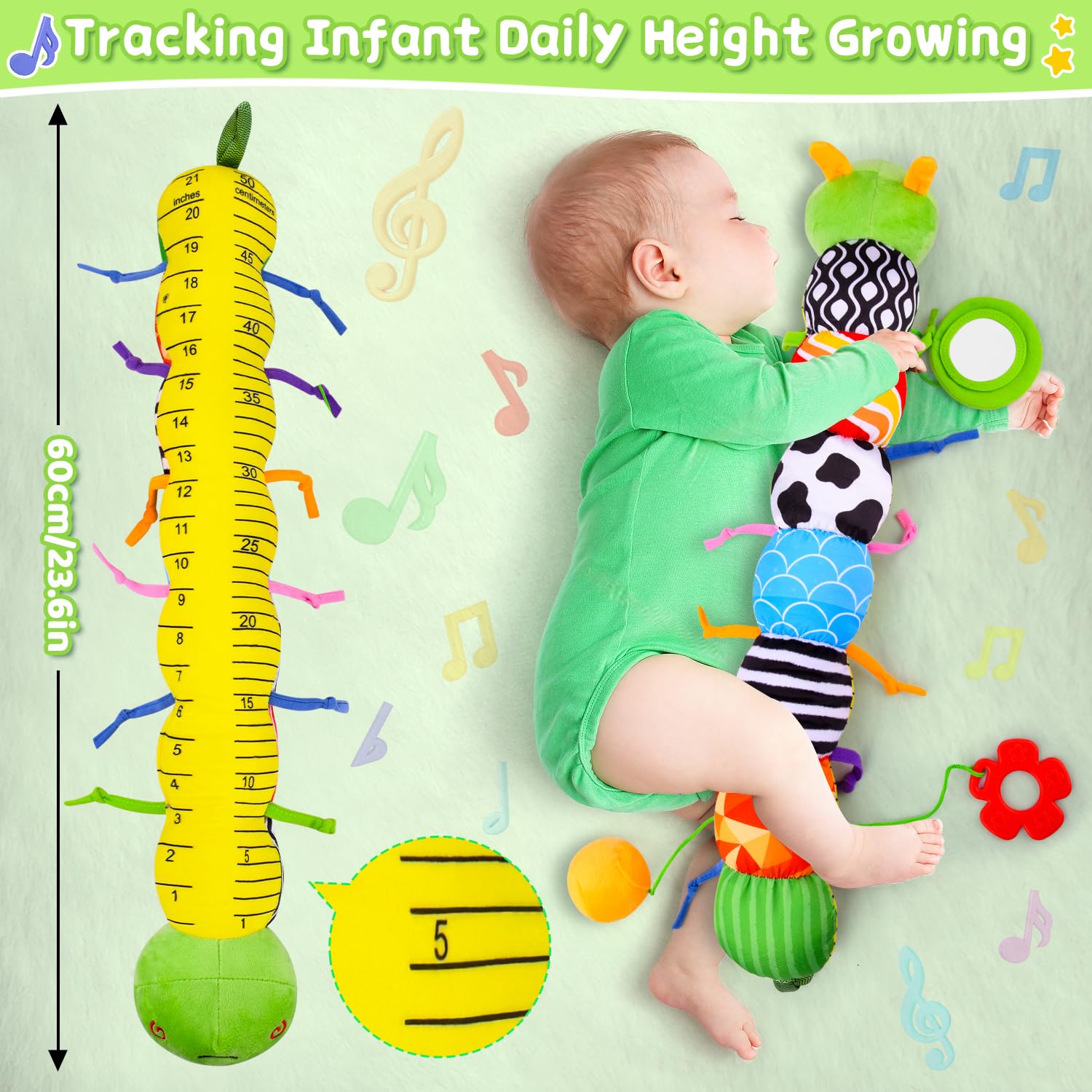 Soft Sensory Baby Toys 0-12 Months - Crinkle, Rattle & Mirror Developmental Toys for Newborn Boys & Girls | Tummy Time, Teething & Early Learning Play | Green Caterpillar Plush Musical Toy Gift for Infants