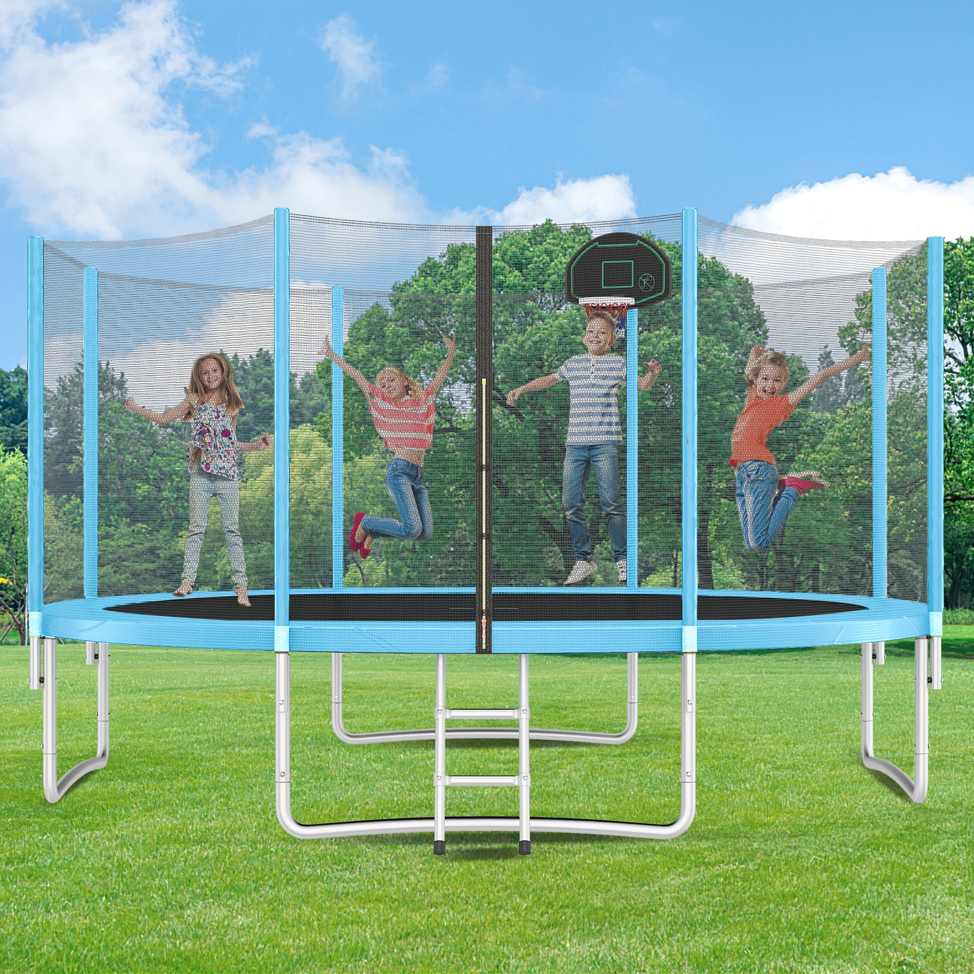 14FT Kids Trampoline with Safety Enclosure Net, Basketball Hoop & Ladder - Easy Assembly Round Outdoor Trampoline for Backyard Fun & Exercise