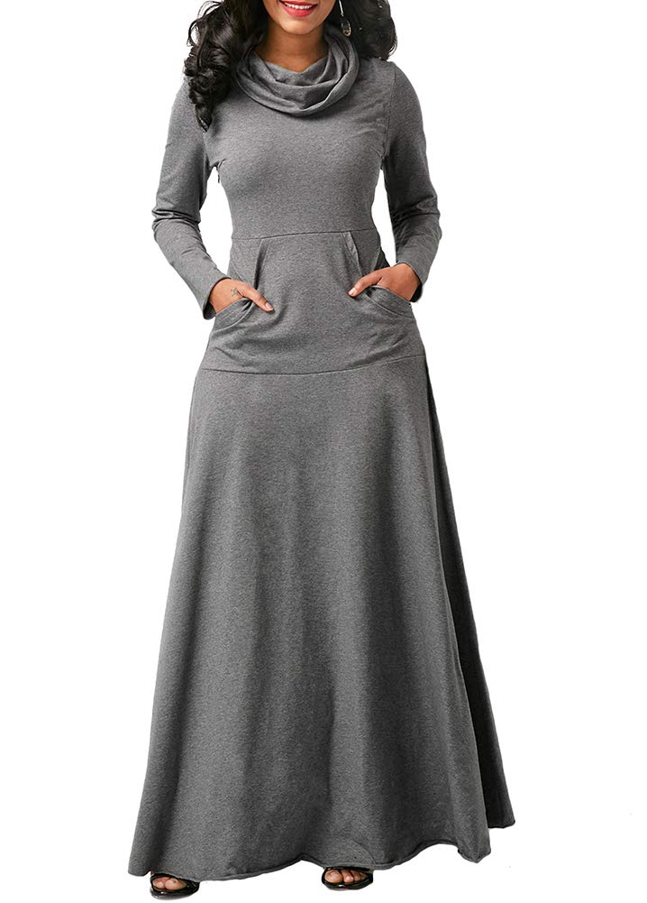 Women's Cowl Neck Long Sleeve Maxi Dress with Pockets - Loose Fit Plain Long Dress for Women S-XXL | Perfect for Casual Wear, Beach Cover Up, and Everyday Elegant Outfits