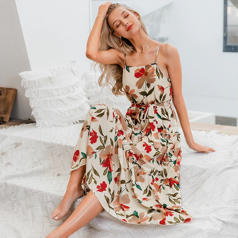 Bohemian Floral Print Long Dress with Spaghetti Straps - High Waist Summer Beach Dress for Women | Perfect for Vacation, Holiday, and Boho Chic Outfits