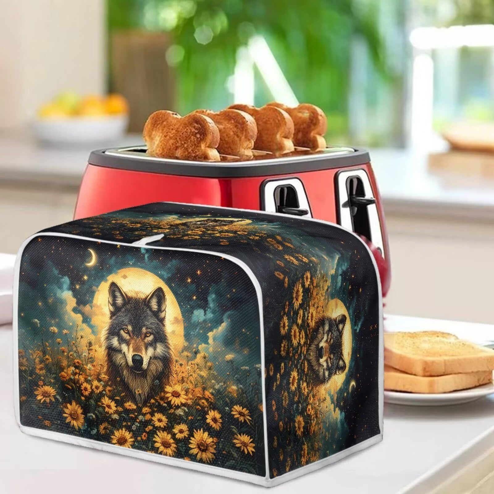 Xoenoiee Wolf Sunflower Moon Galaxy Print 4-Slice Toaster Cover, Bread Maker Cover, Small Kitchen Appliance Protector – Perfect for Toaster Ovens, Coffee Makers & Countertop Decor