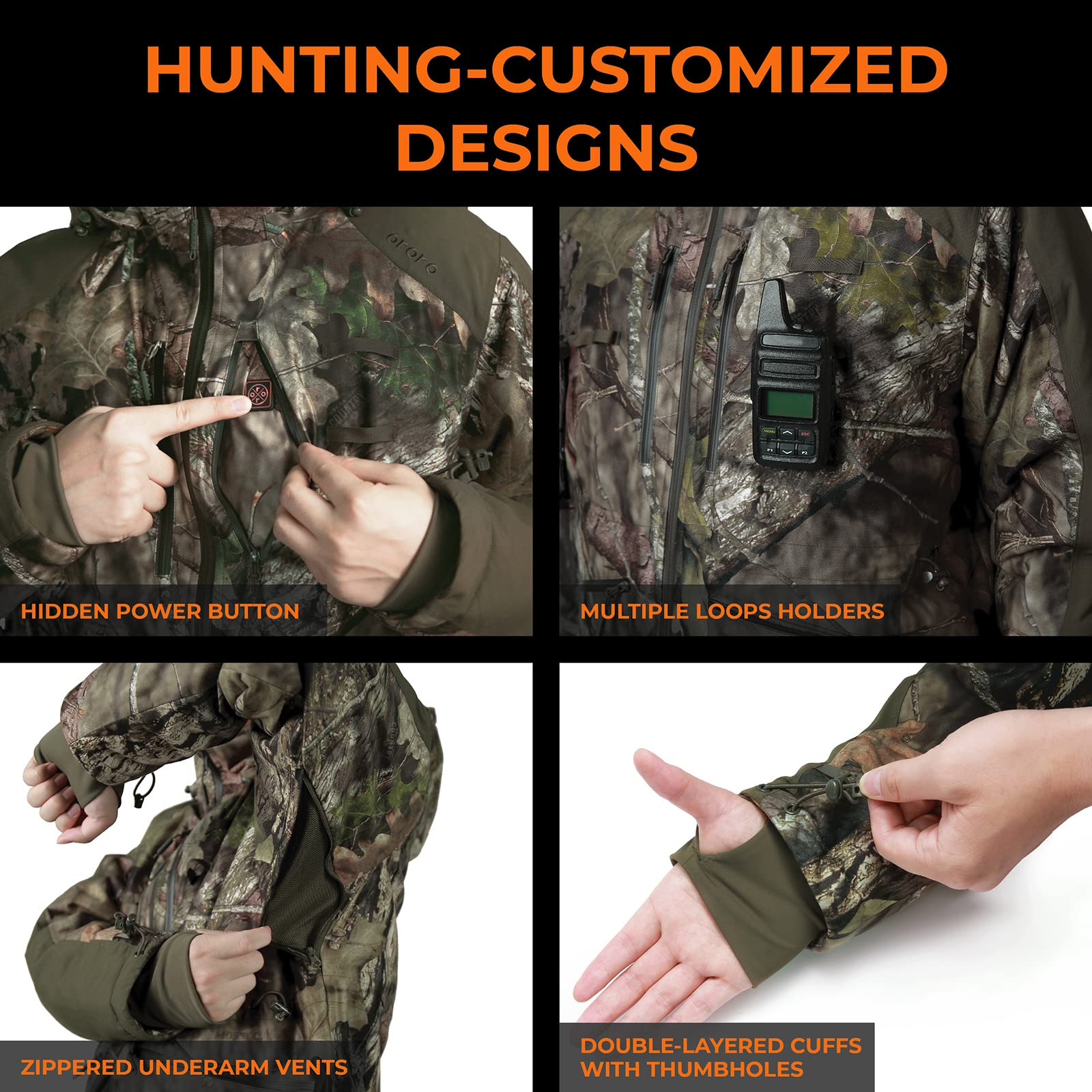 ORORO Men's Waterproof Heated Hunting Jacket with Rechargeable Battery - Camo Winter Jacket with Detachable Hood for Outdoor Hunting, Camping & Cold Weather Activities