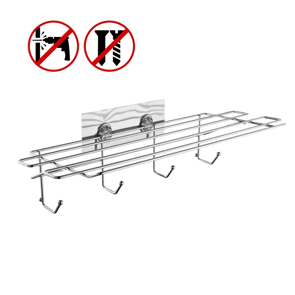 Stainless Steel Shower Shelf & Bath Towel Holder - No Drill Adhesive Wall Mounted Towel Rack with Hooks & Storage Shelf (19.88 Inch) - Perfect for Bathroom, Hotel & Spa Organization - LT-82010