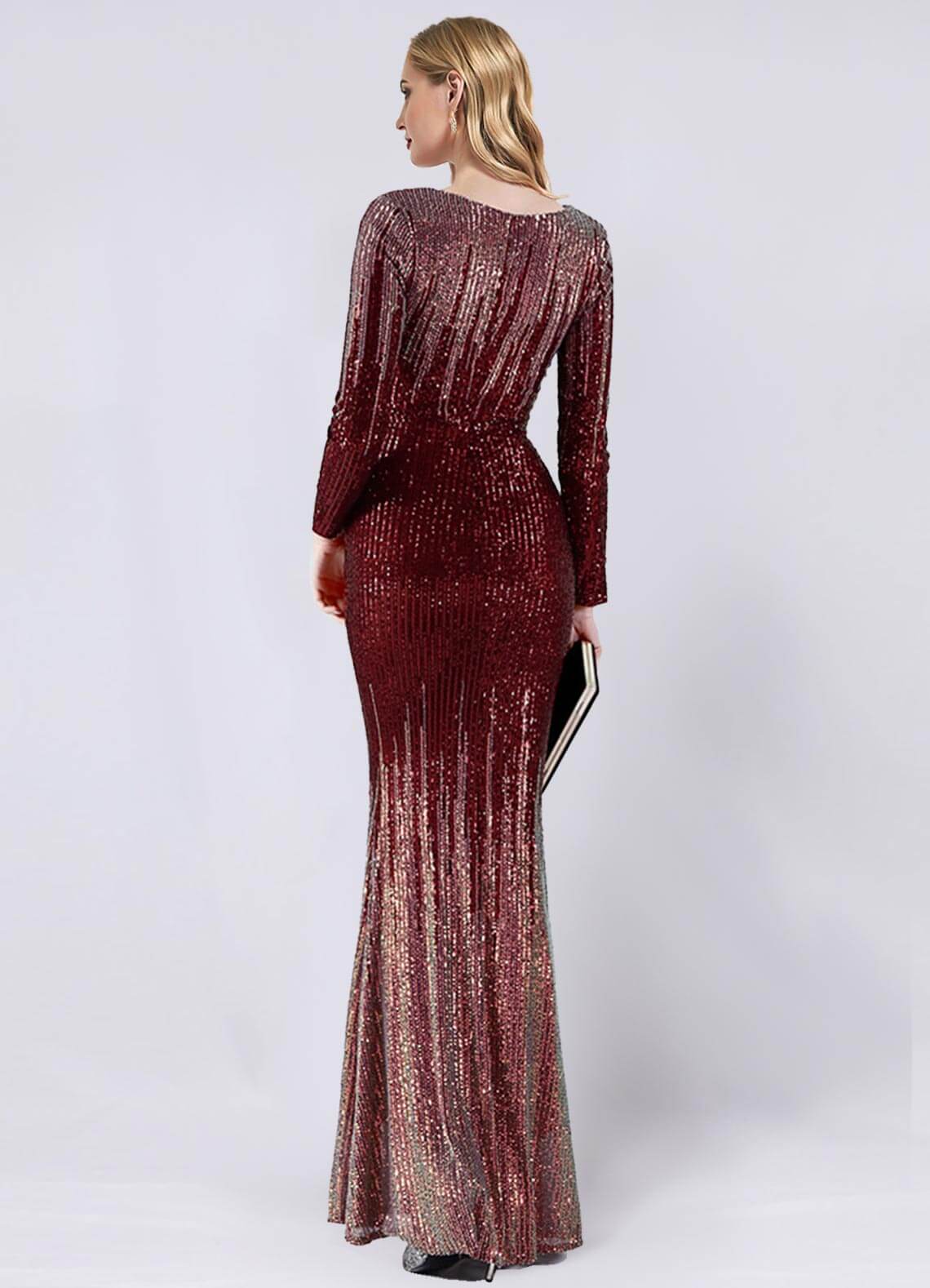Elegant Burgundy Sequin Long Sleeve V-Neck Floor-Length Formal Gown for Women - Perfect for Evening Parties, Prom, Homecoming & Special Occasions