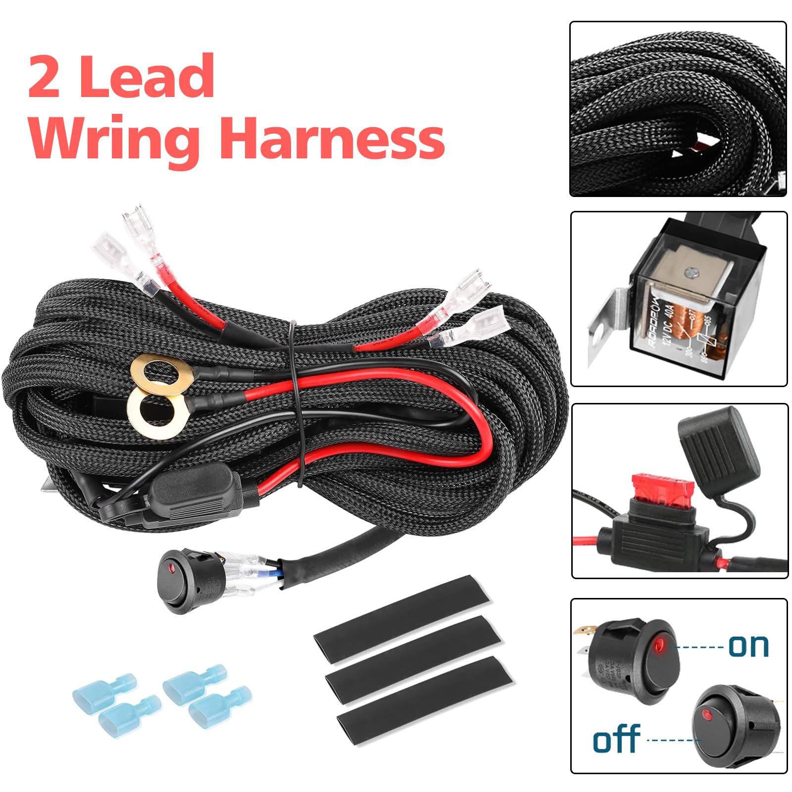 2 Lead Fog Light Wiring Harness Kit with Switch, 40A Relay & 10A Fuse - Compatible with LED Light Bars, Pod Lights & Off-Road Vehicles - Perfect for Trucks, Jeeps & ATVs