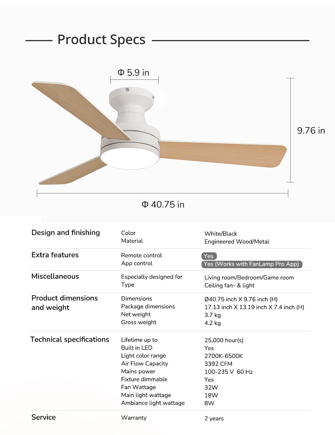 42-Inch Low Profile Flush Mount Ceiling Fan with Lights - RGB Backlight, Dimmable Lighting, 6 Speeds & 3 Reversible Blades - Remote & App Control - White - Perfect for Bedroom, Living Room & Office Spaces