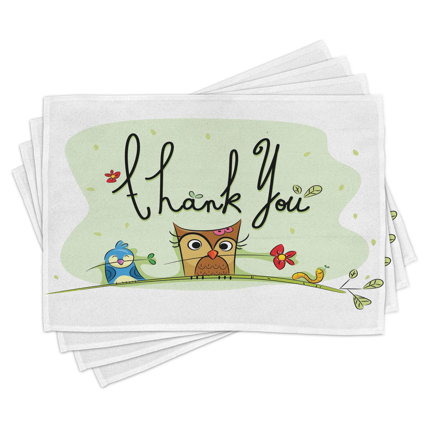 Ambesonne 4-Pack Animal Placemats Set - Cute Bird, Owl, Worm & Sparrow Floral Design with Thank You Message - Washable Fabric Table Mats for Dining Room & Kitchen Decor (Green) - Perfect for Family Dinners, Holiday Gatherings & Everyday Meals