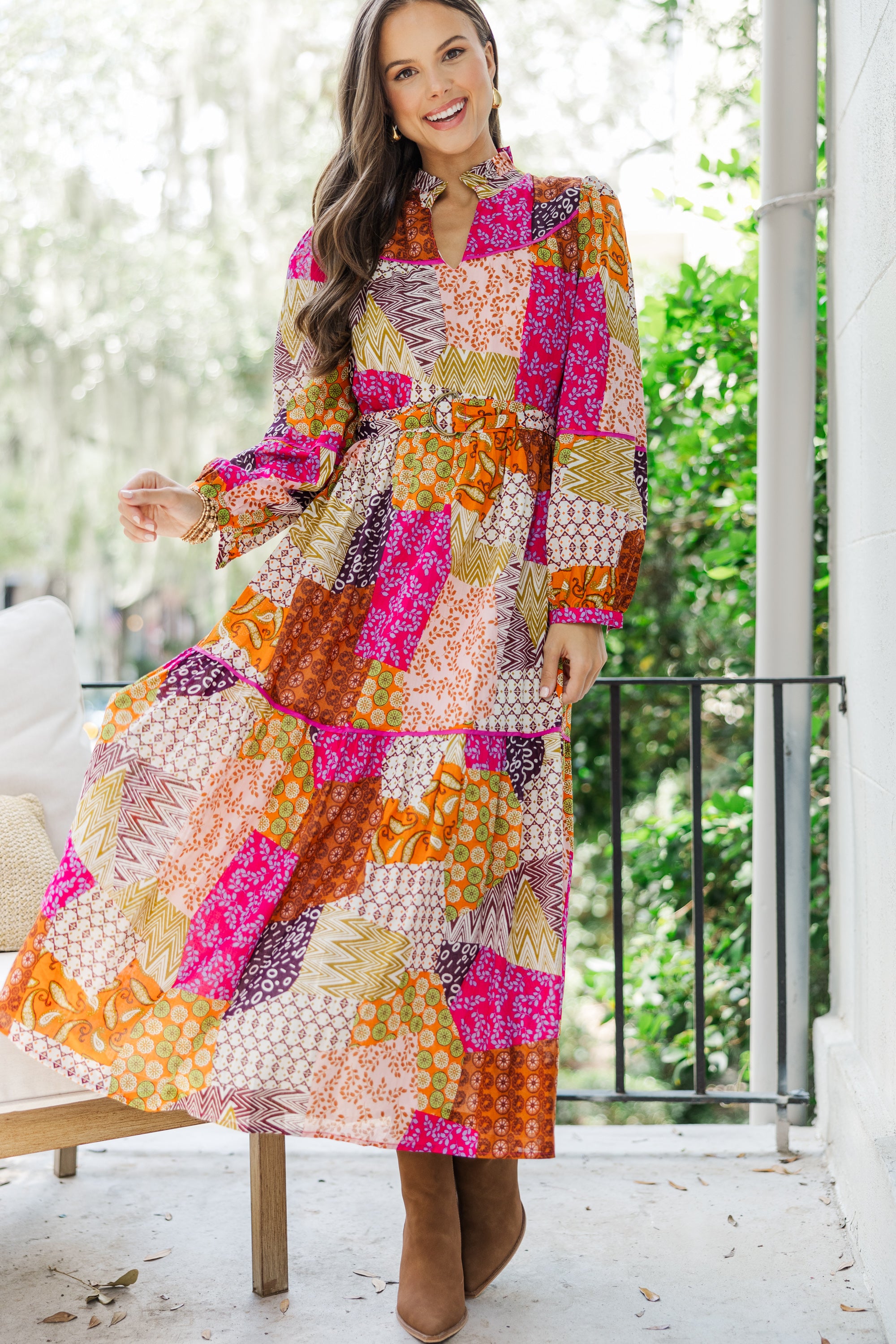 Fate: Happy For You Fuchsia Pink Patchwork Midi Dress - Elegant Floral Print Summer Dress for Women, Perfect for Weddings, Parties & Date Nights