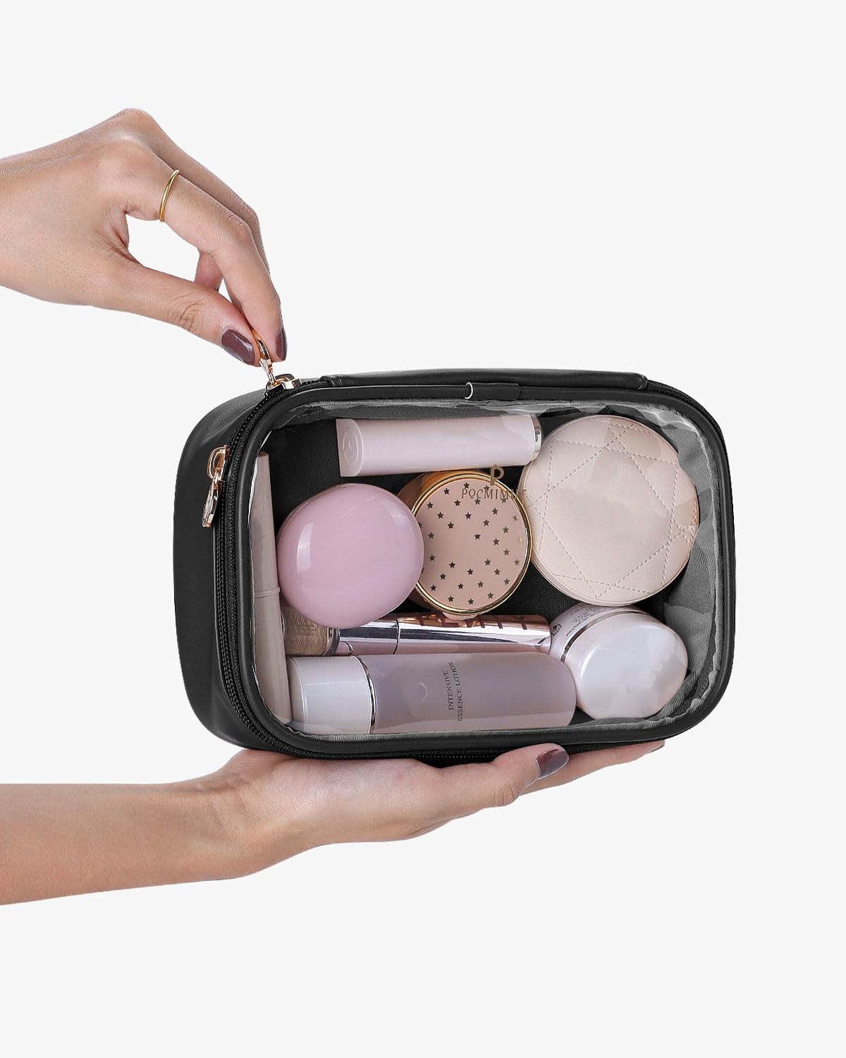 Pocmimut Clear Travel Makeup Bag for Women - Small Cosmetic Organizer with Storage, Black | Perfect for Travel, Gym & Daily Essentials | Car Accessories & Toiletry Organizer