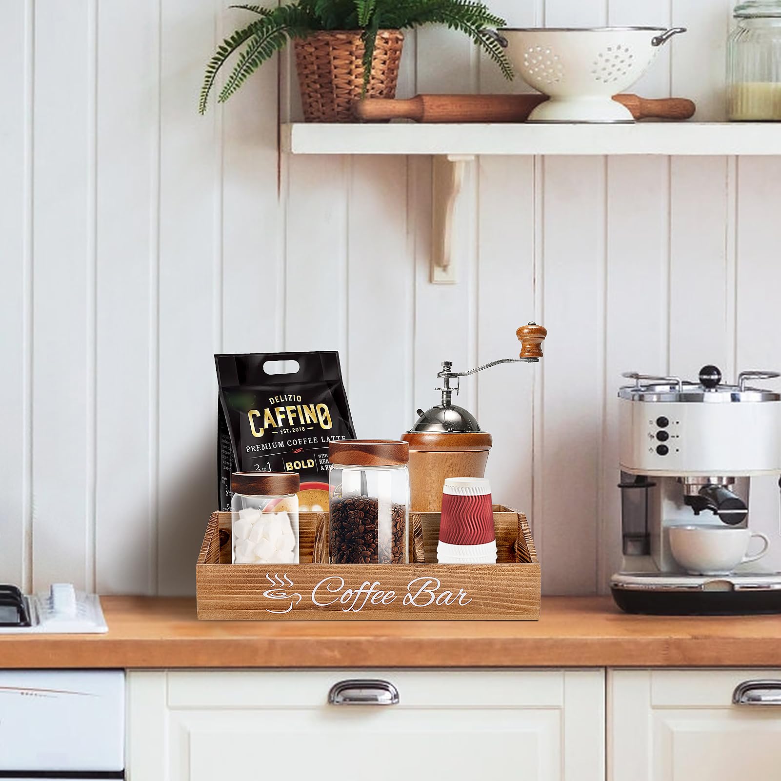Rustic Brown Wooden Coffee Bar Organizer - Farmhouse Kitchen Counter Accessories Box for Tea, Condiments, Pods, Syrup, Bags, Cups & Stirrers - Wooden Storage Basket for Coffee Station - Perfect for Home, Office & Cafe Decor