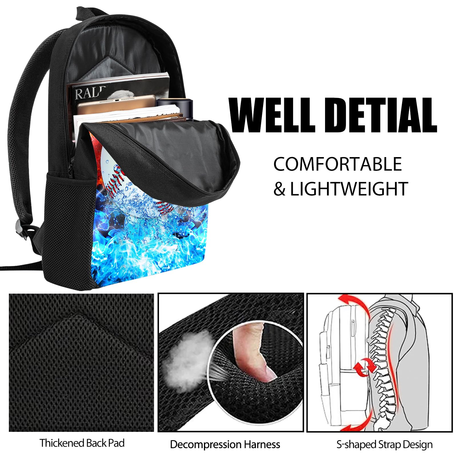 **Kids Backpack Set with Lunch Box & Pencil Case - 3PCS School Backpack for Boys & Girls, Teen Bookbag for Middle & High School Students - Baseball & Fire Design - Perfect for School, Travel & Daily Use**