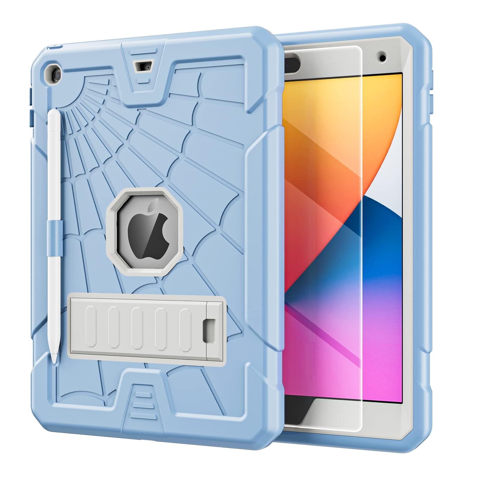 Shockproof iPad Case for 9th/8th/7th Gen 10.2 Inch (2021/2020/2019) - Kids Protective Cover with Built-in Pencil Holder & Tempered Glass Screen Protector | Light Blue | Perfect for School, Travel & Home Use