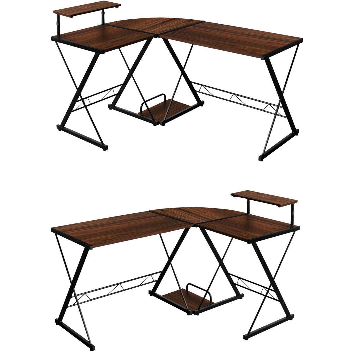 HPW Walnut L-Shaped Computer Desk with Open Storage Shelf & CPU Stand - Home Office Workstation for PC, Laptop, Studying, Reading & Writing - Convertible into 2 Separate Tables for Flexible Workspace Setup