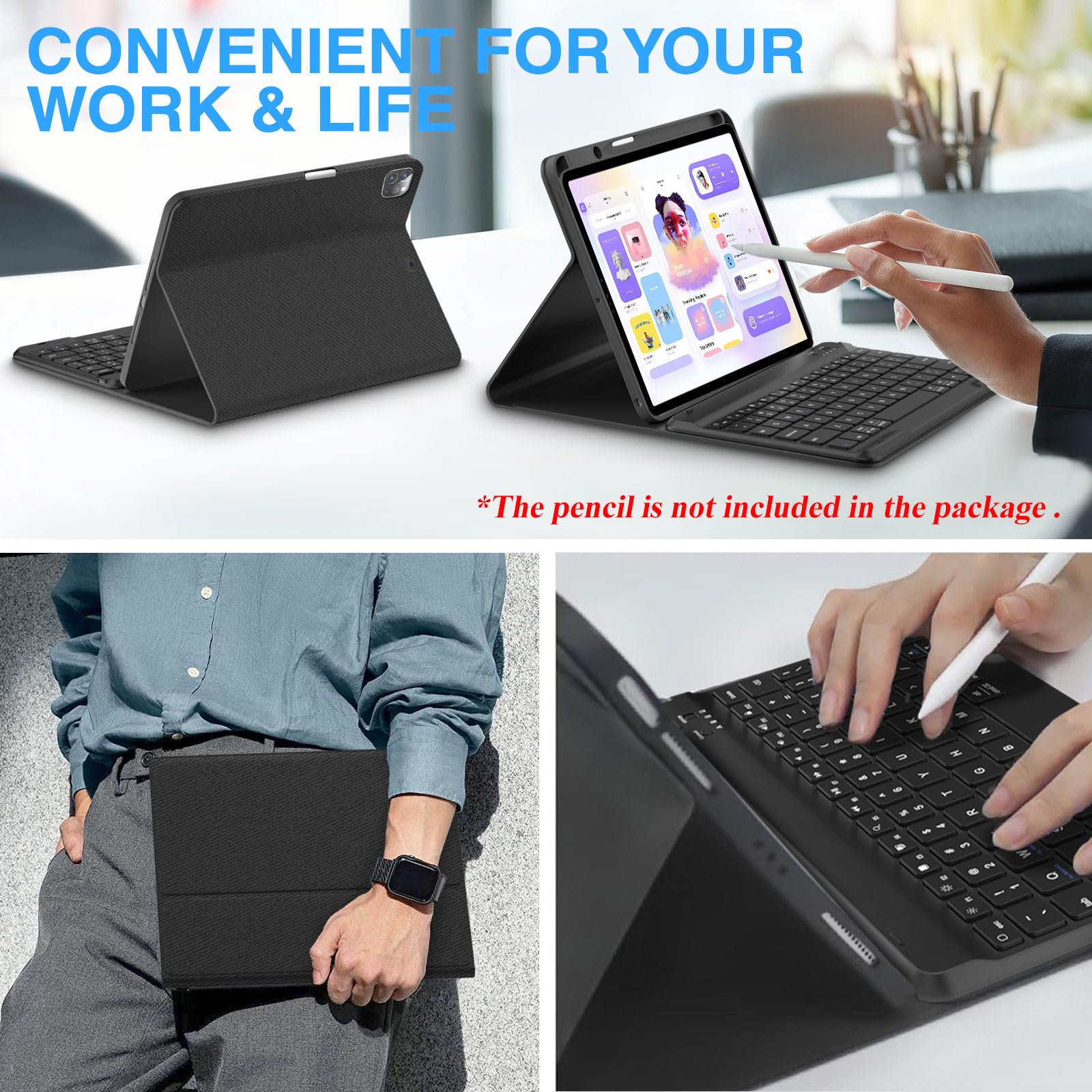 BLUTLOTUS Detachable Keyboard Case for iPad Air 11-inch M2 2024/10.9-inch Air 5th/4th Gen & iPad Pro 11-inch - Slim Bluetooth Keyboard Cover with Apple Pencil Holder | Perfect for Work, Study & Travel (Black)