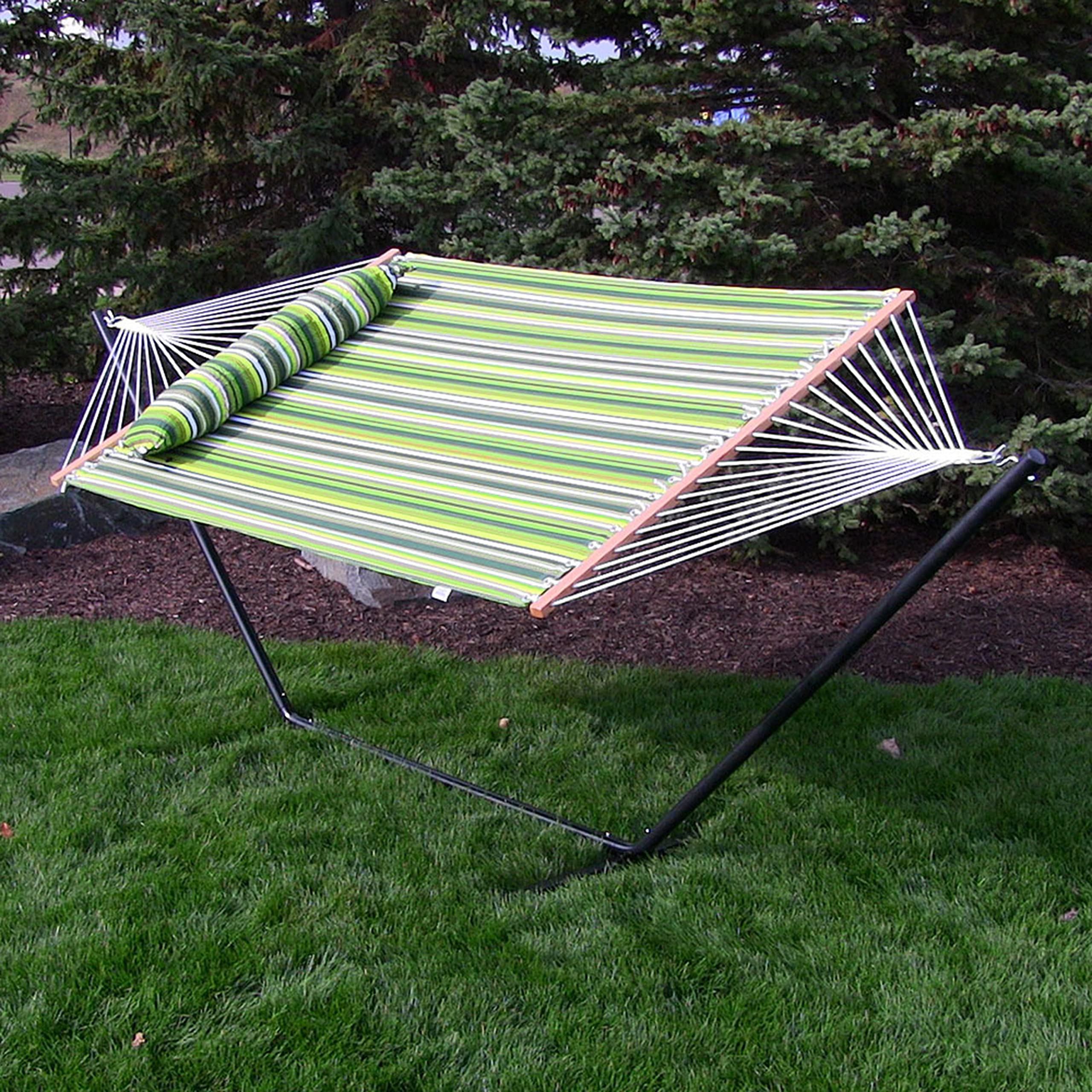 Best 2-Person 350lb Capacity Quilted Double Hammock with 12-Foot Stand - Outdoor Patio, Backyard & Camping Relaxation - Melon Stripe Design