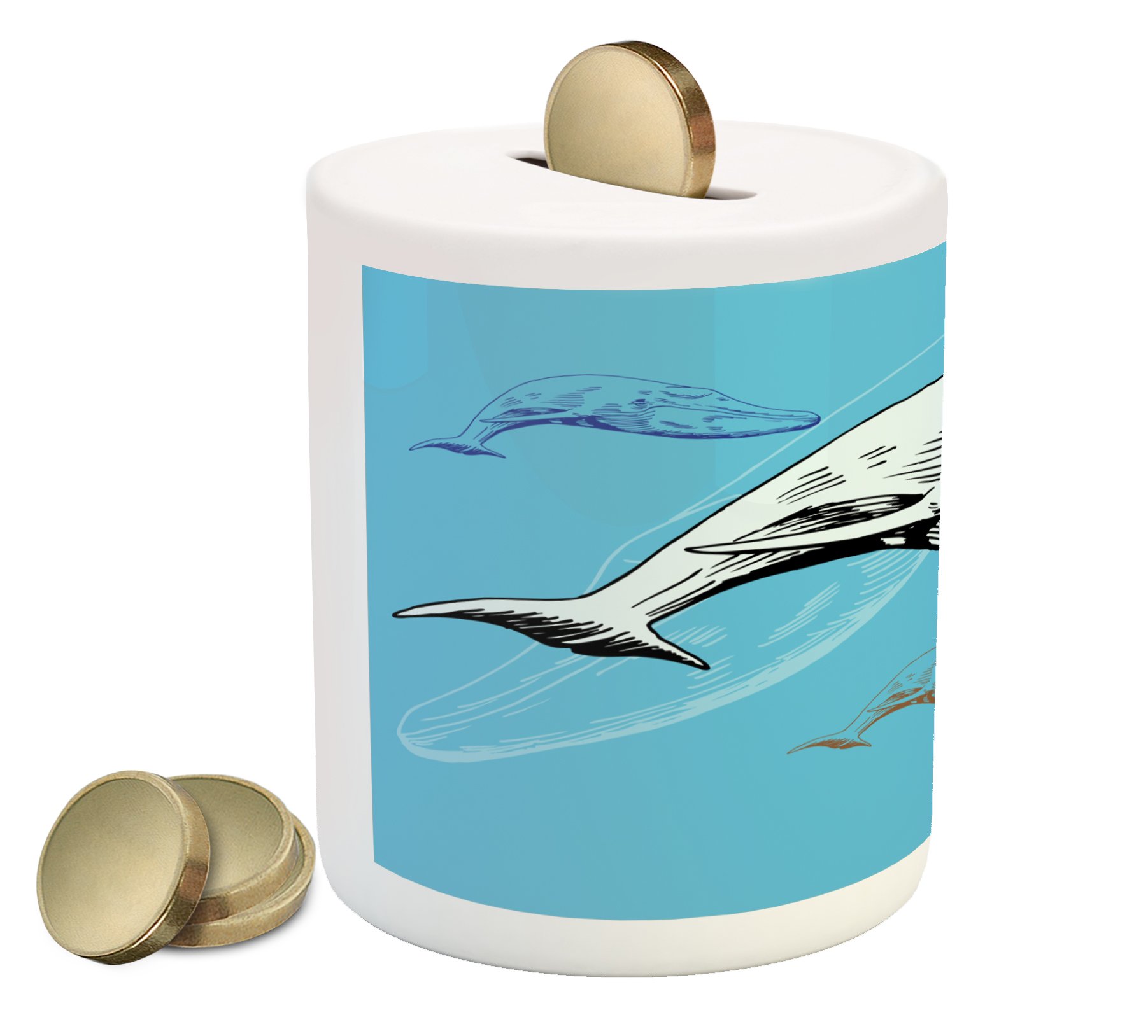 Ambesonne Whale Ceramic Piggy Bank - Hand Drawn Ocean Theme with Colorful Whales, Money Box for Cash Savings (White & Blue) | Perfect Gift for Kids, Teens & Whale Lovers, Great for Birthday Presents & Home Decor
