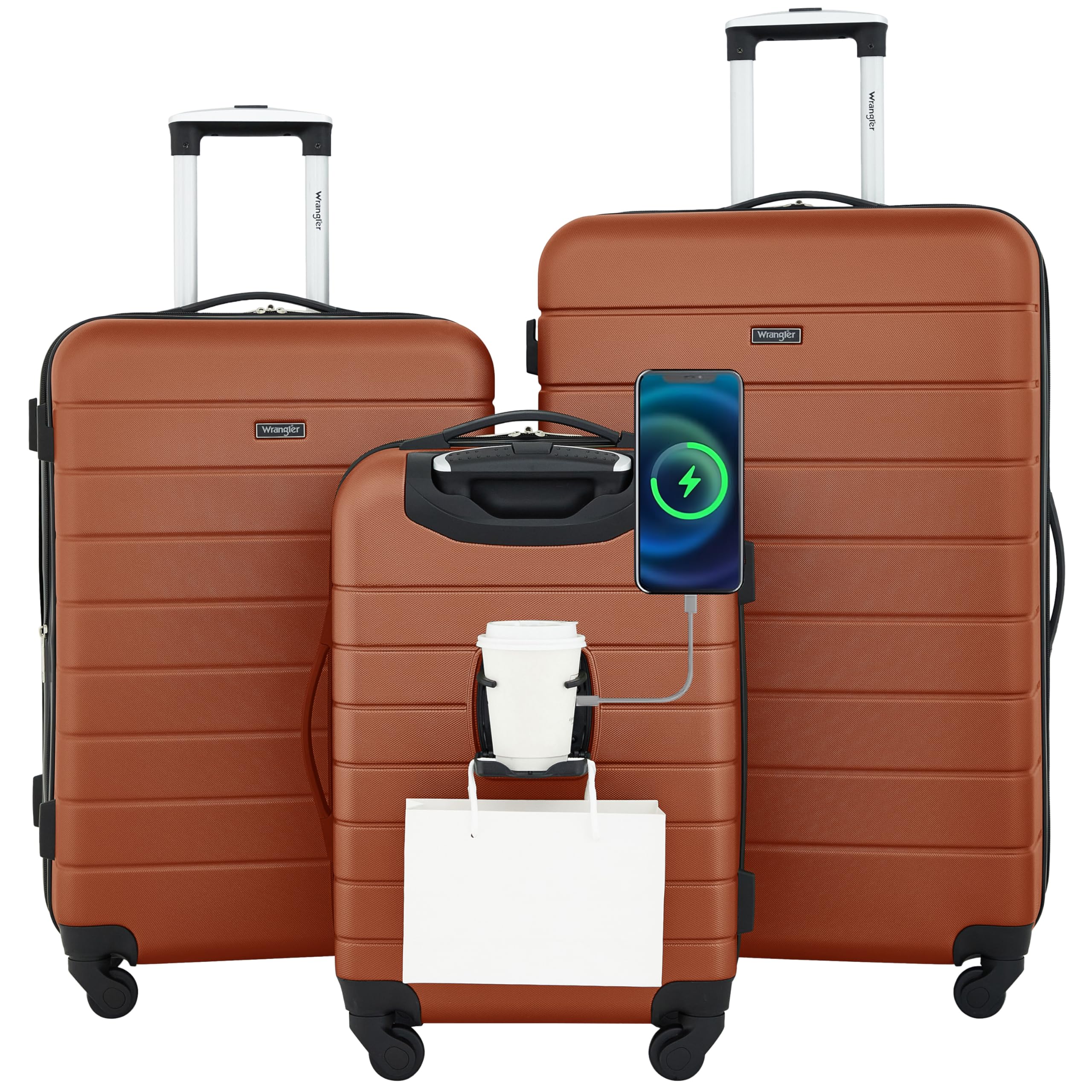 Wrangler Smart Luggage with Cup Holder & USB Charging Port - 3 Piece Carry-On Set (Burnt Orange) | Perfect for Business Travel, Family Vacations & Airport Convenience