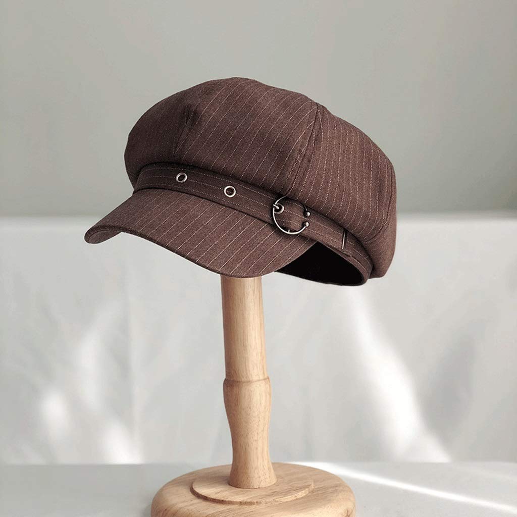 DSFEOIGY Women's Retro Striped Beret Hat - Octagonal Painter Cap in Black & Brown | Vintage Artist Hat for Casual Wear, Fashion Outfits & Creative Photography