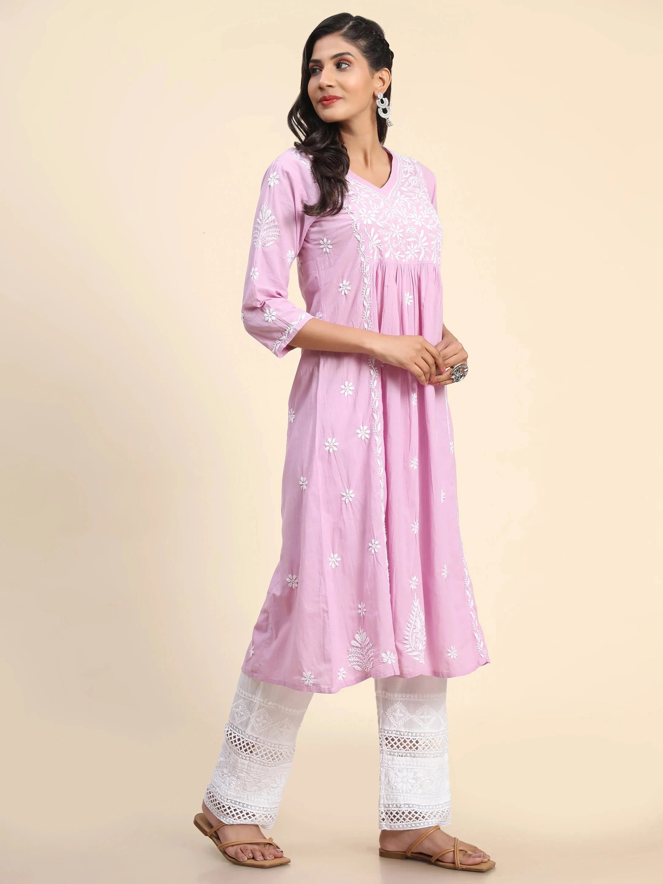Hand Embroidered Chikankari Long A-Line Kurti for Women - Lavender Ethnic Tunic Top | Perfect for Festivals, Weddings & Casual Wear