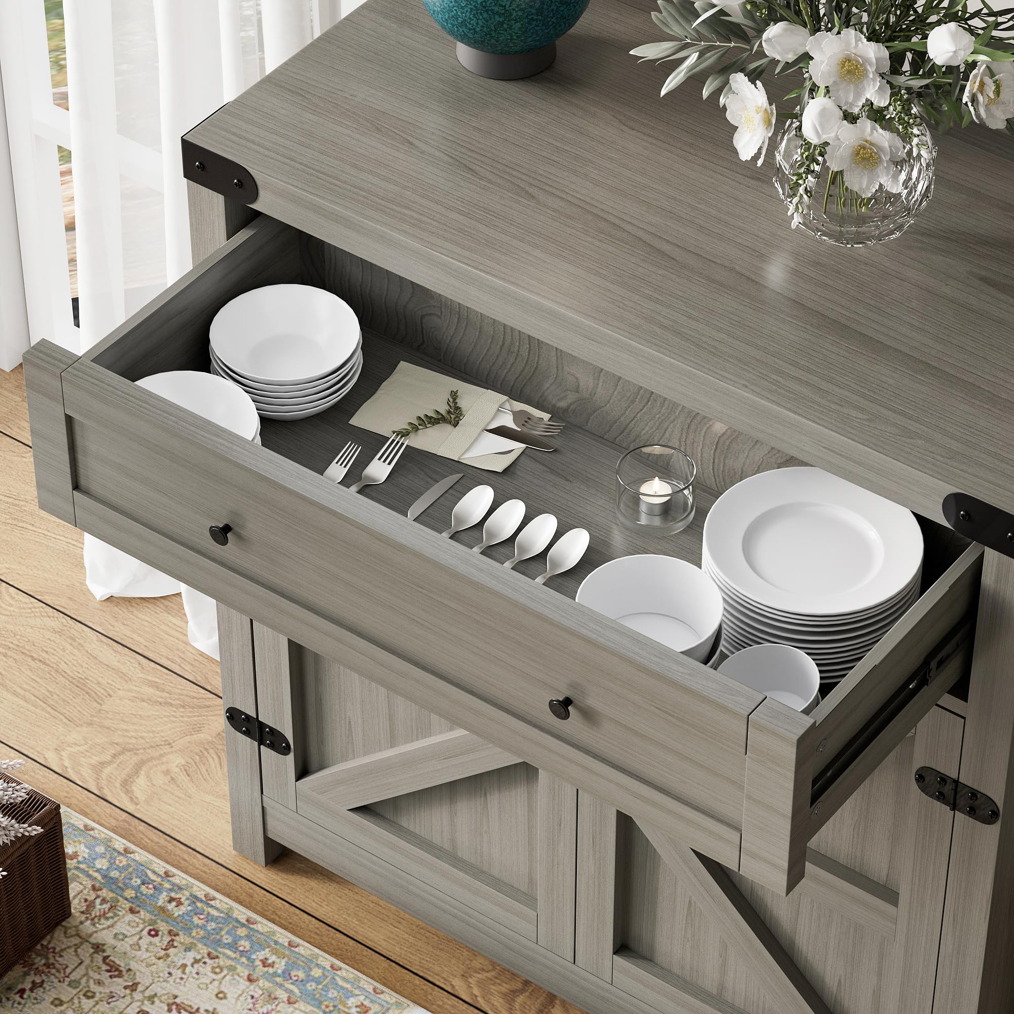 Farmhouse Style Sideboard Buffet Cabinet with Storage - 1 Drawer & 2 Barn Doors, Rustic Coffee Bar Console Table for Kitchen, Dining Room, Entryway - Perfect for Home Organization & Entertaining (Grey)