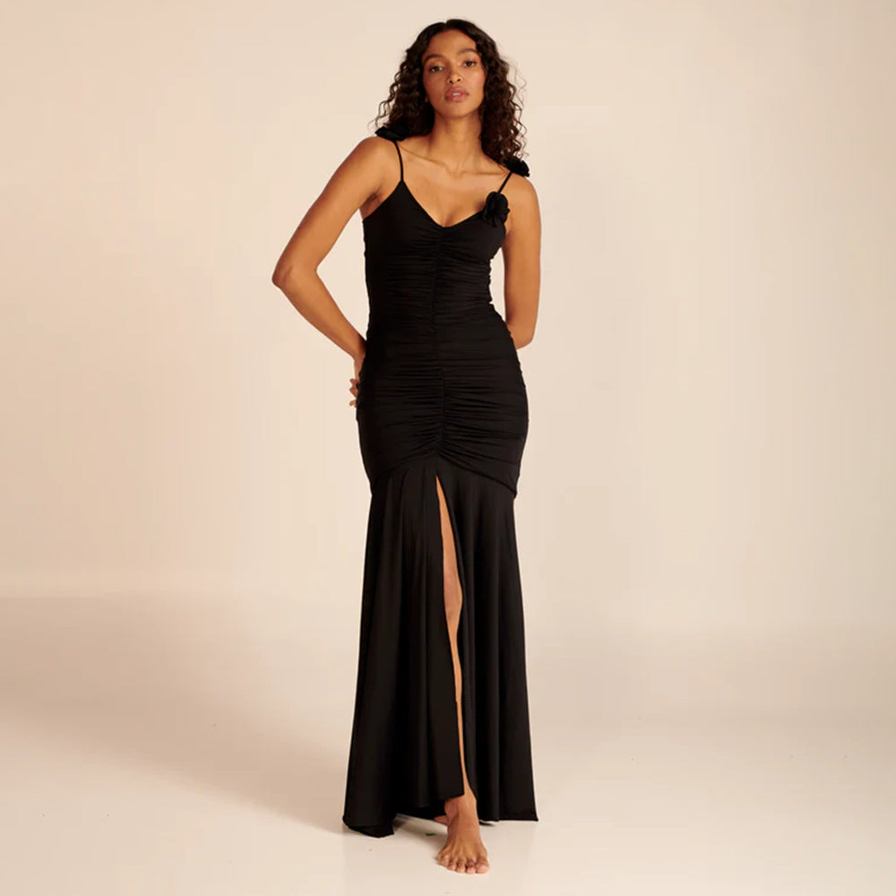 LOVEVOP Women's 2023 Fall Winter Solid Color 3D Floral Pleated Strappy Maxi Skirt - Elegant Evening Dress for Parties, Weddings & Special Occasions