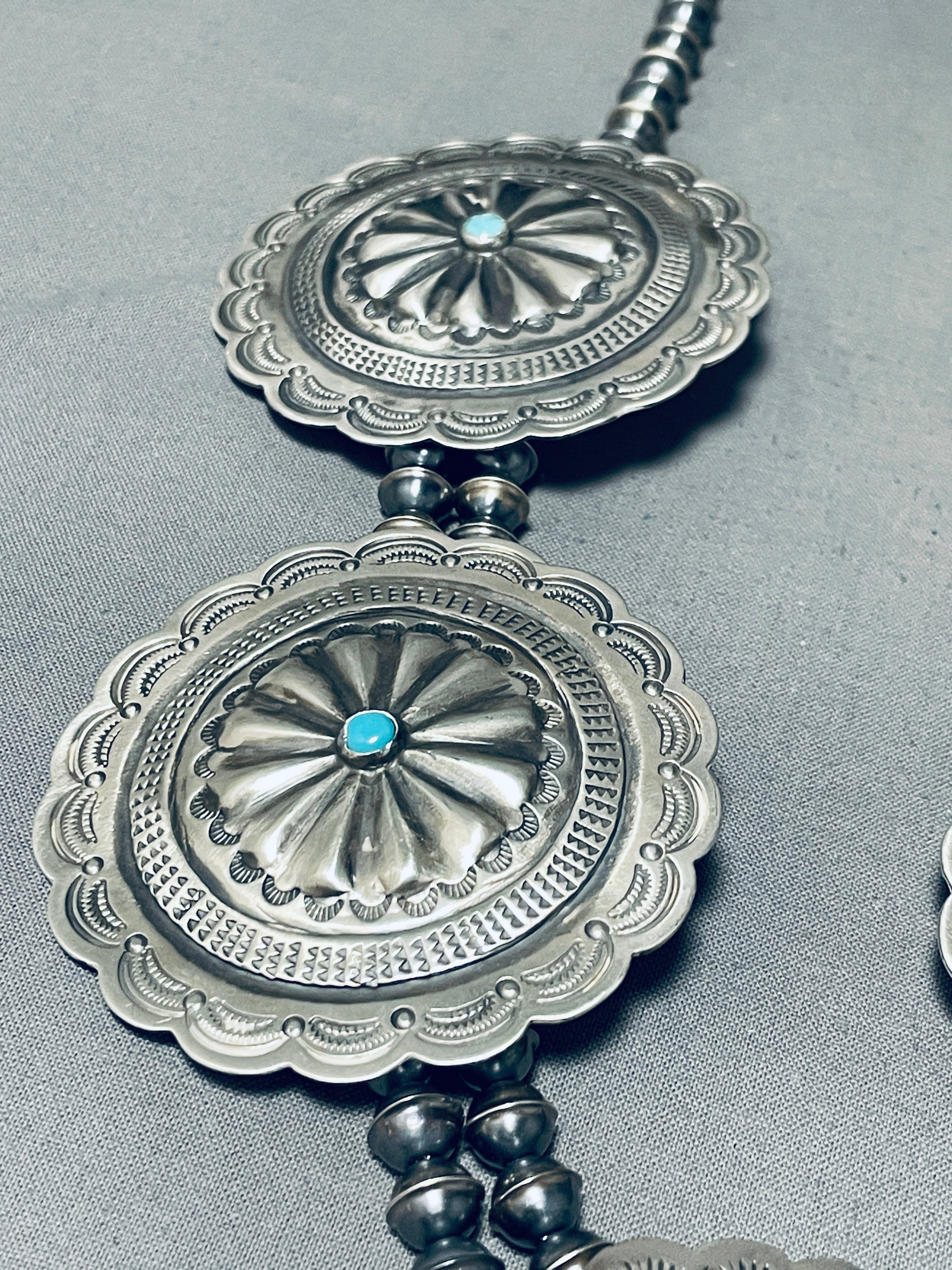 200g Vintage Navajo Concho Sterling Silver Turquoise Necklace – Handmade Native American Jewelry for Women, Boho Chic Accessories for Festivals & Special Occasions