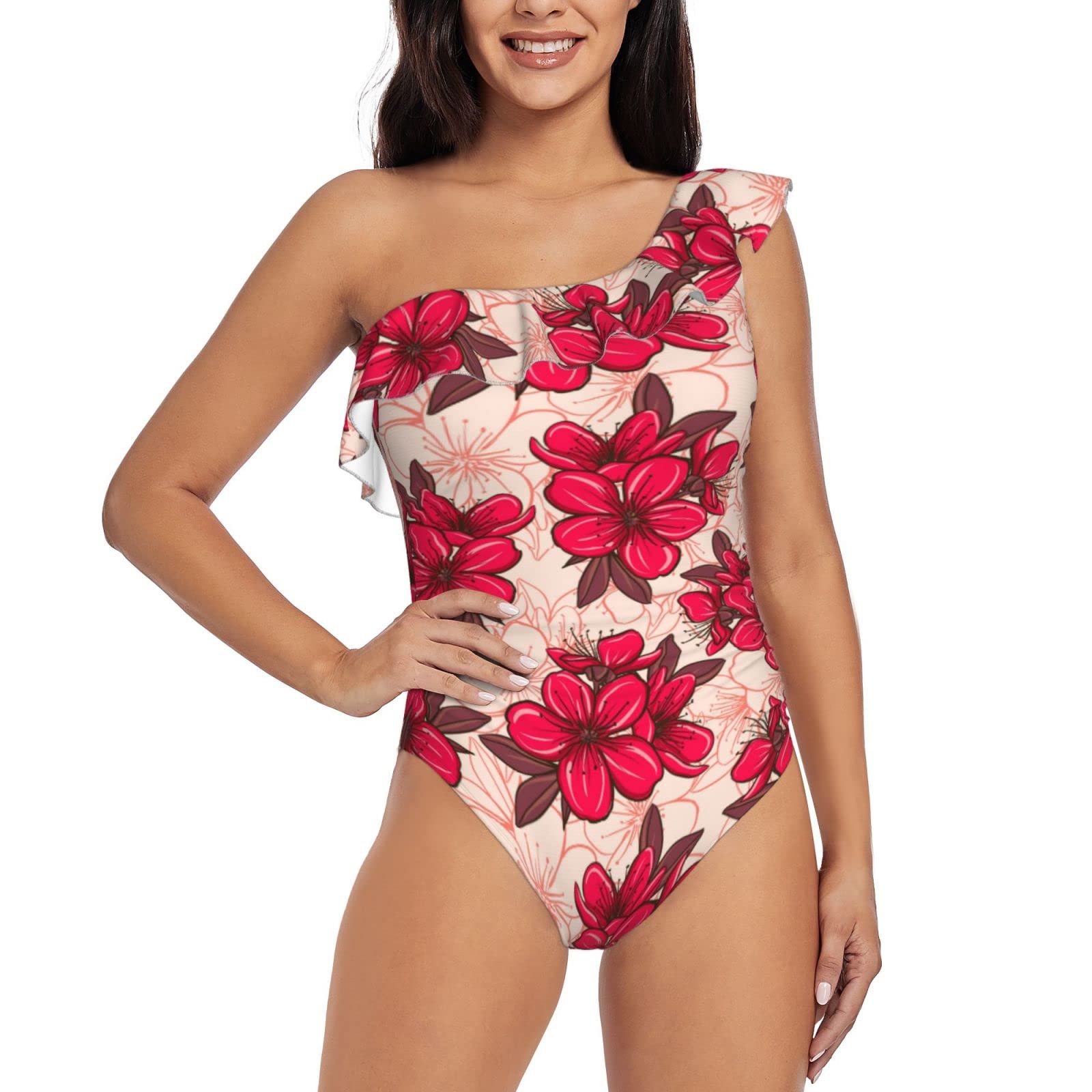 Cherry Blossom One Shoulder Asymmetric Ruffle One Piece Swimsuit for Women - Floral Print Bathing Suit for Beach, Pool, Vacation & Summer Water Activities